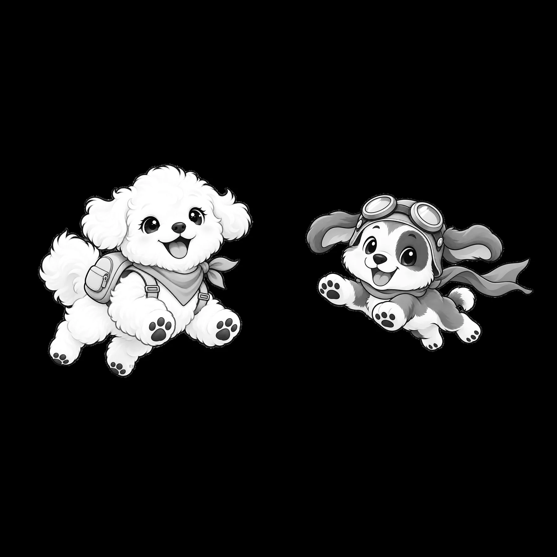 Two cartoon dogs wearing accessories in playful positions - AI-generated stock image