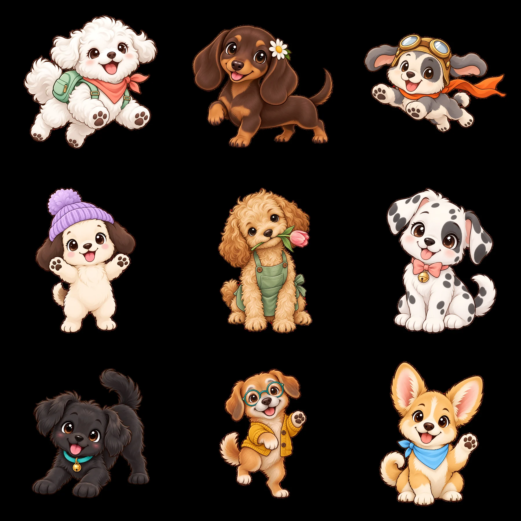 Cute dog stickers featuring playful puppies in a grid layout - AI-generated stock image