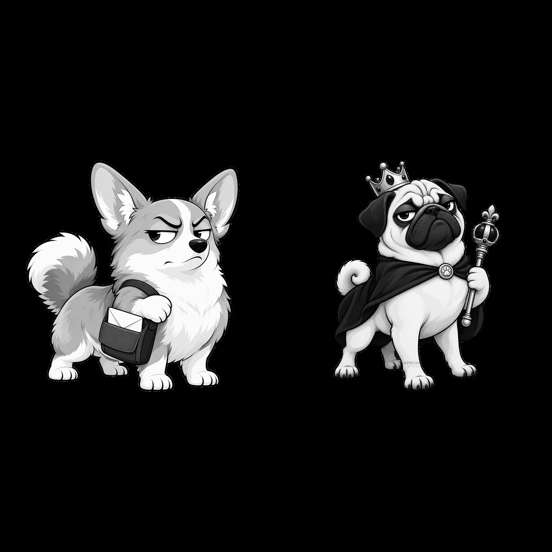 Grumpy dog stickers featuring a corgi and a pug character - AI-generated stock image