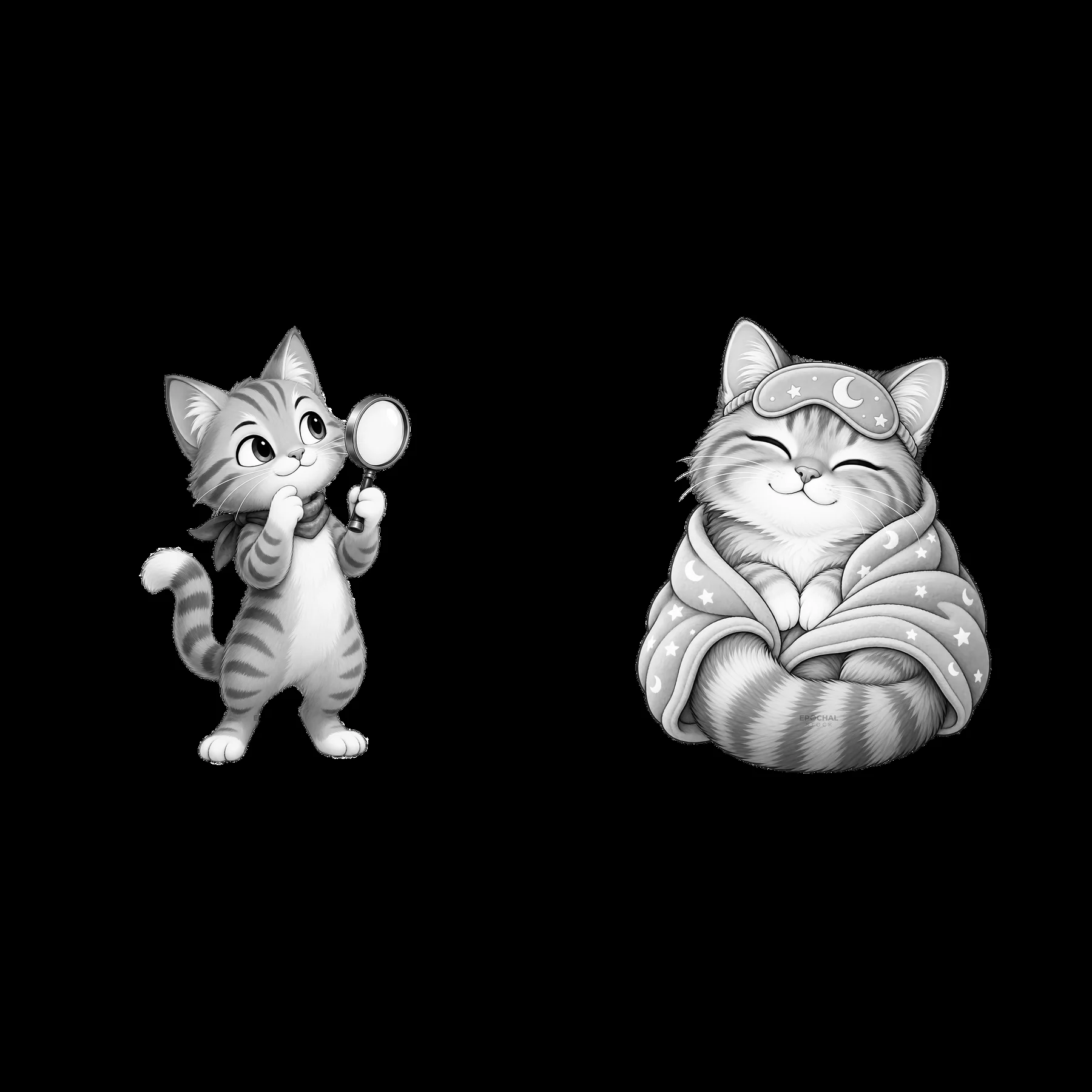 Two cartoon cats with magnifying glass and sleeping pose - AI-generated stock image