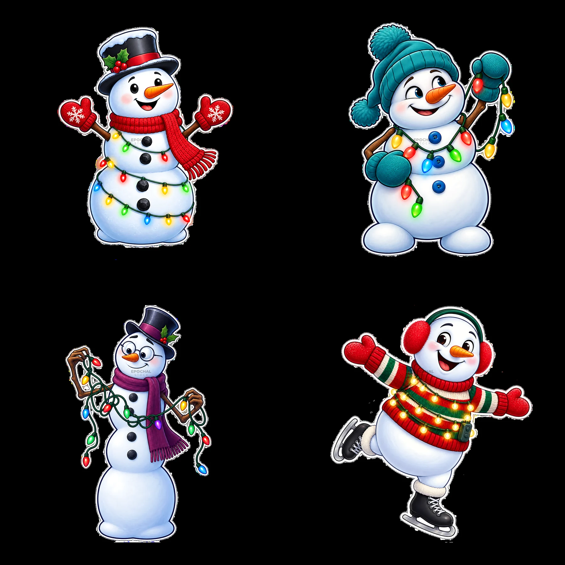 Snowmen with string lights and winter accessories in a 2x2 layout - AI-generated stock image