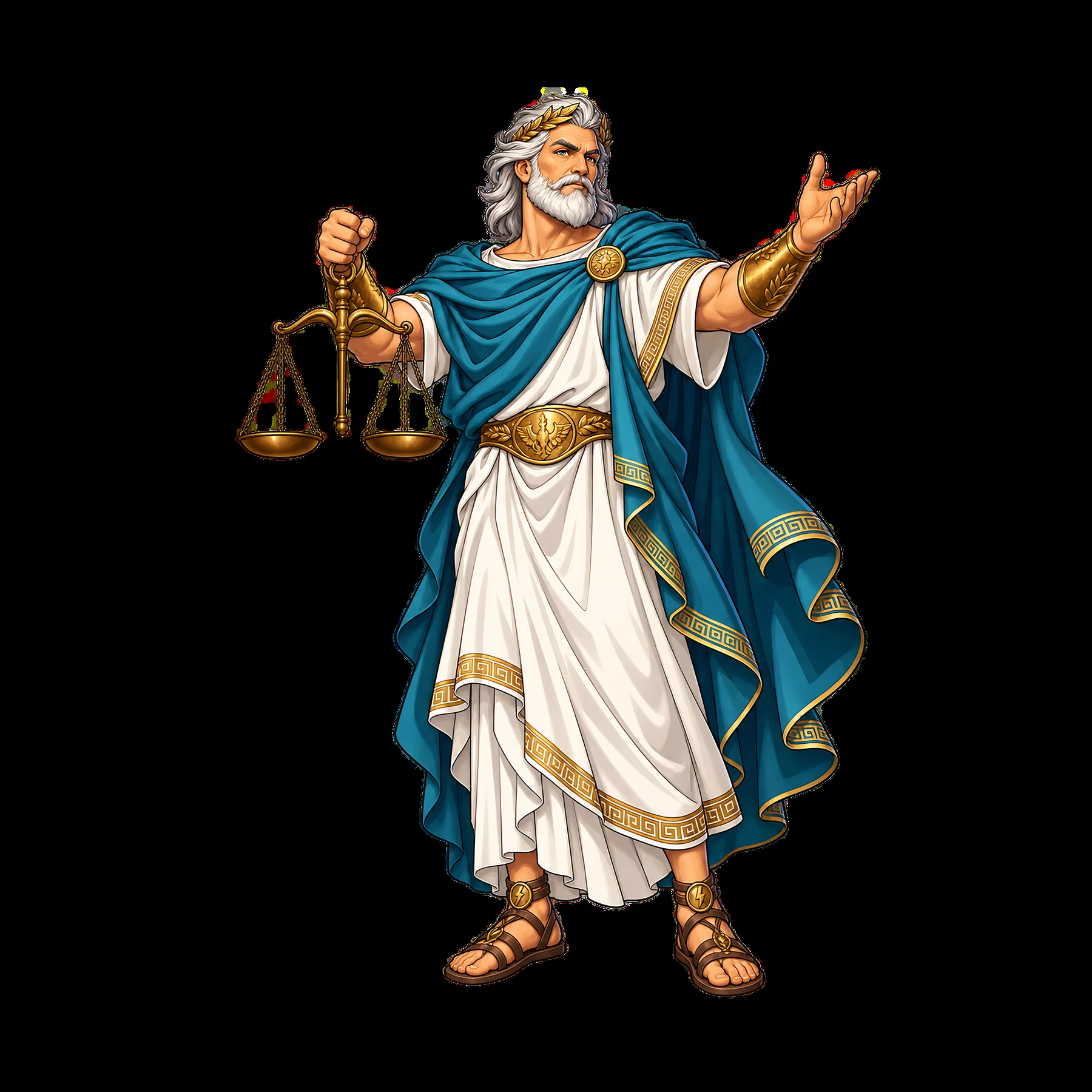 Zeus holding scales of justice in classic attire - AI-generated stock image