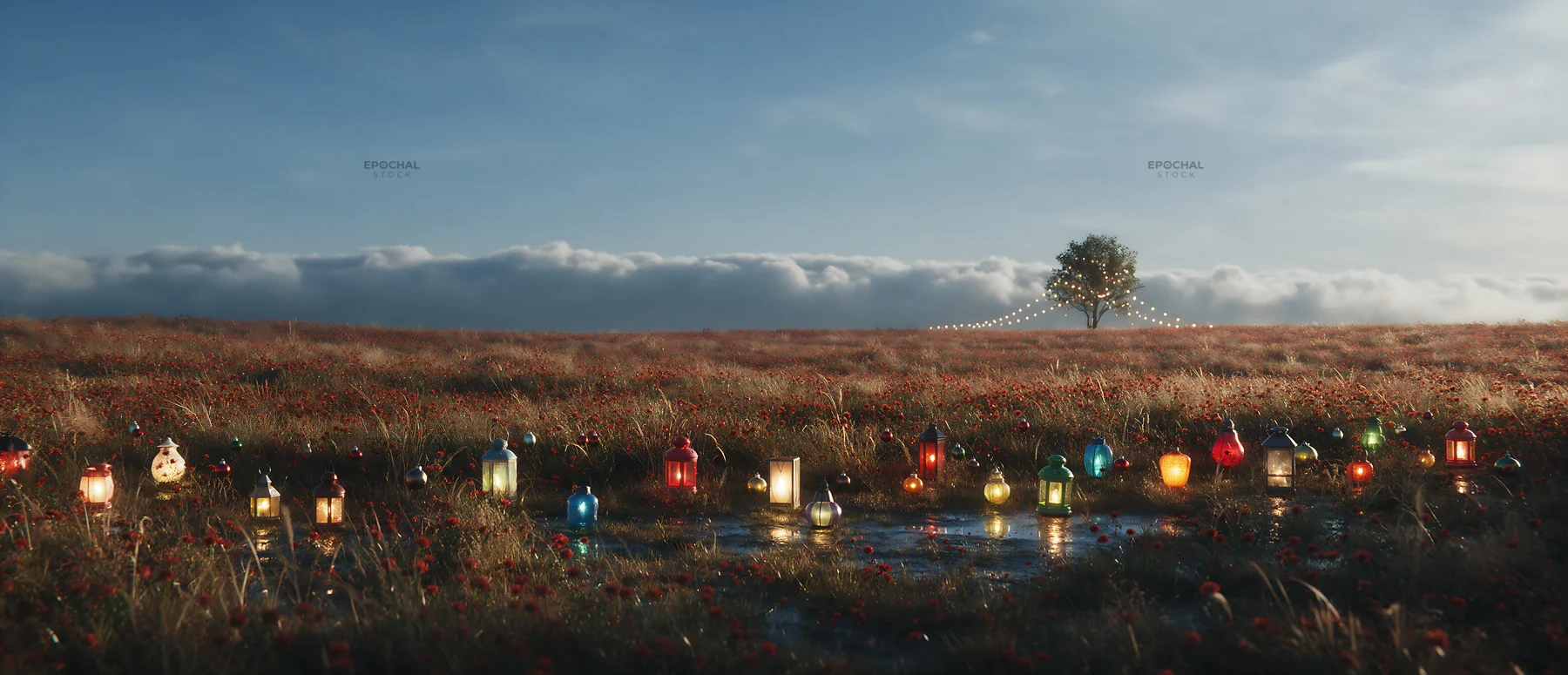 Vibrant Christmas lanterns in winter meadow at dusk - AI-generated stock image