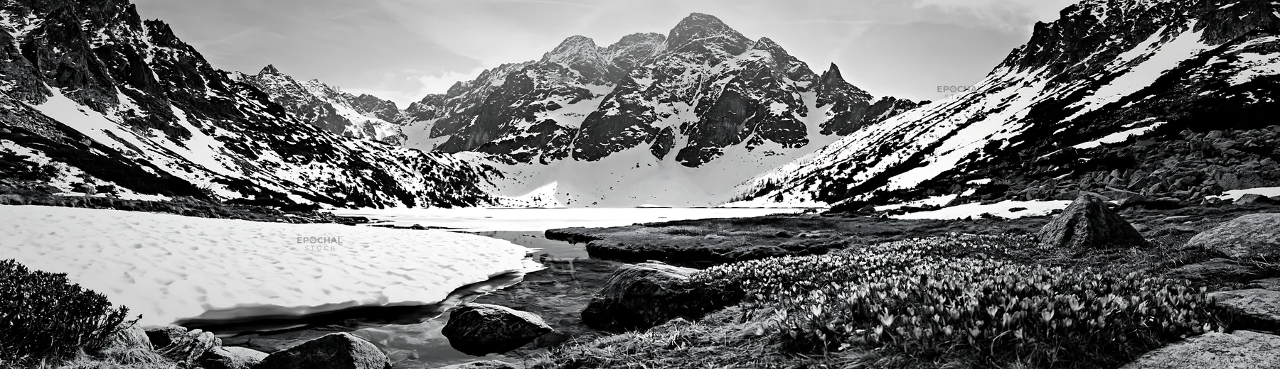 Frozen tarn in mountain meadow during winter season - AI-generated stock image