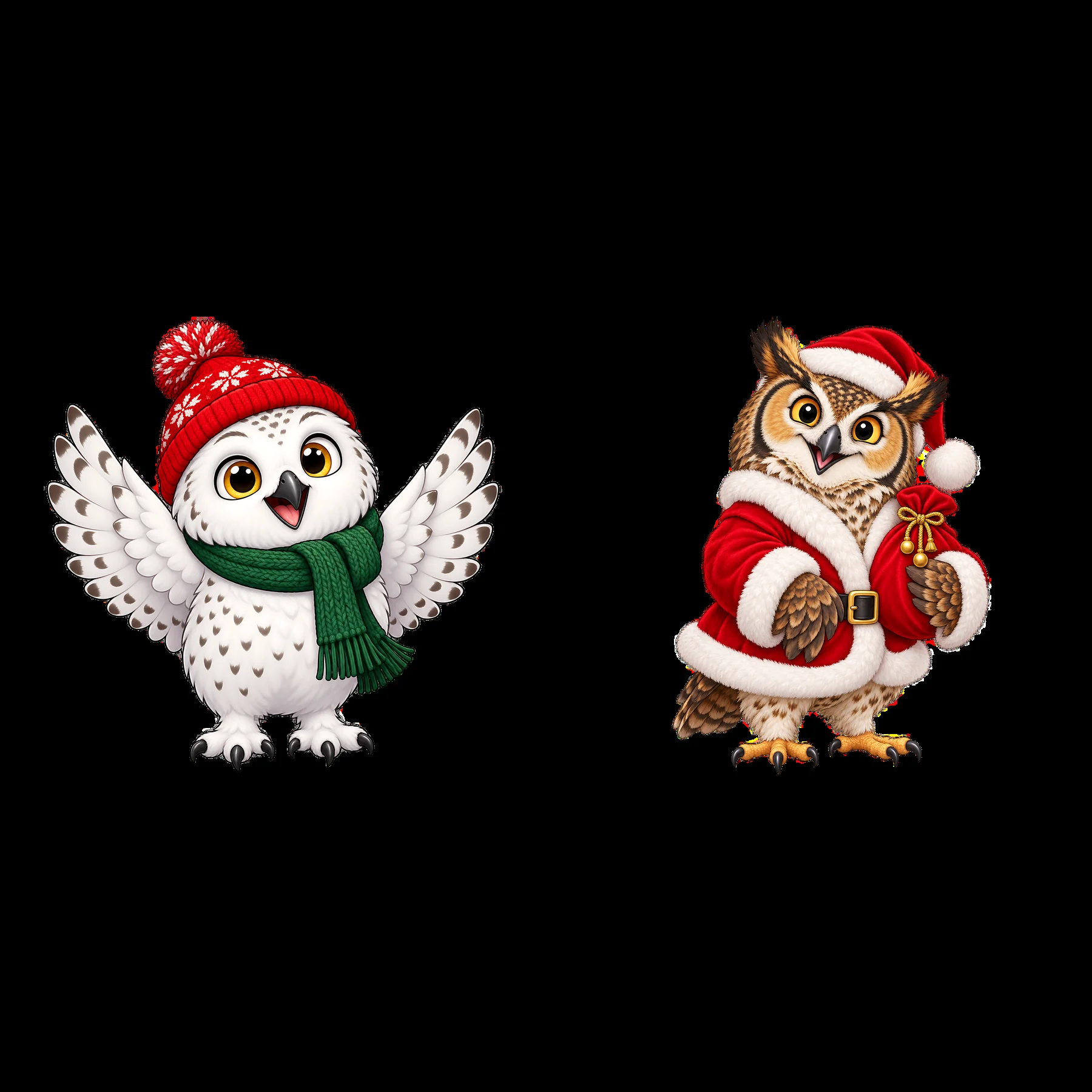 Christmas owls wearing Santa hats and holiday attire - AI-generated stock image