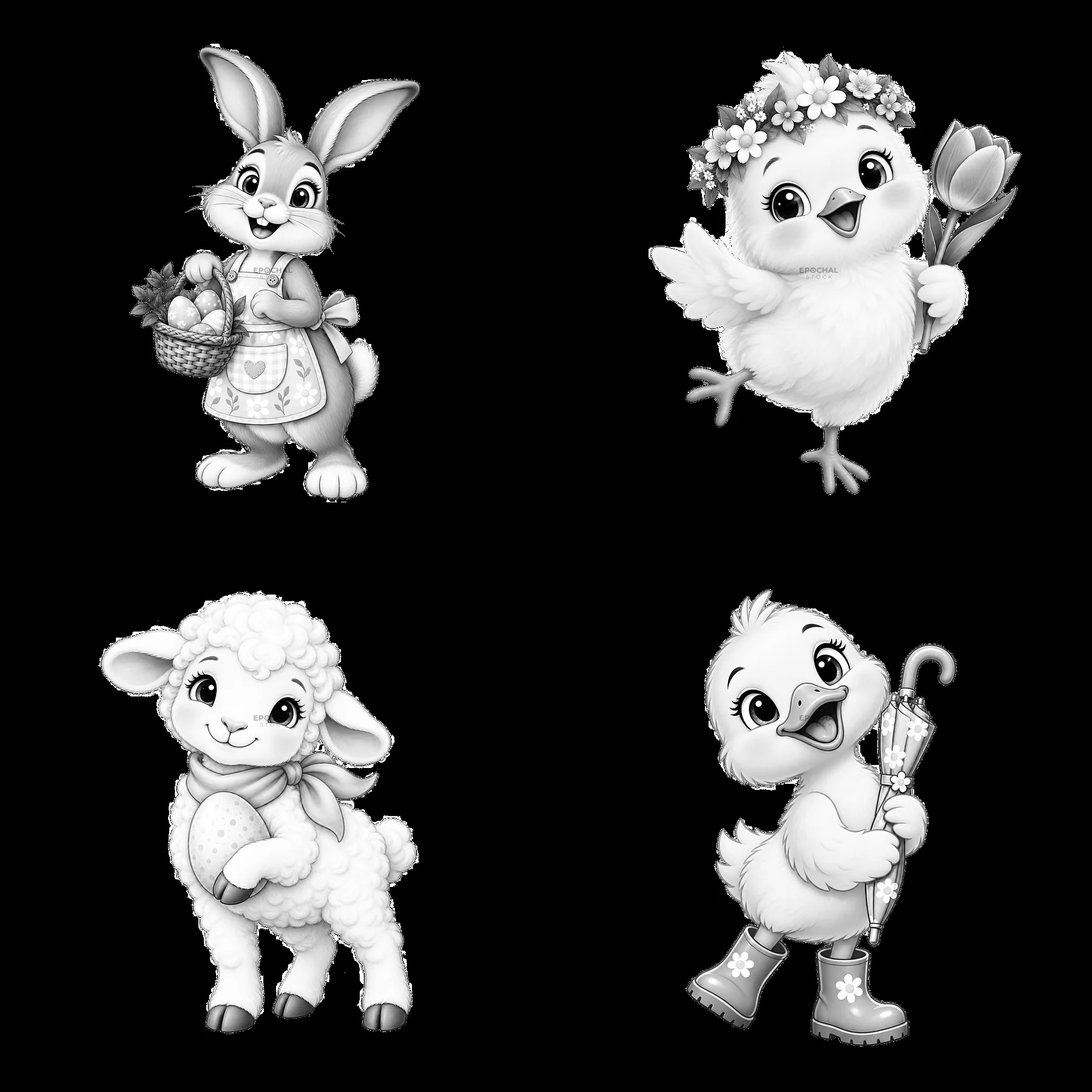 Easter characters in a meadow with a bunny, chick, lamb, and duck - AI-generated stock image