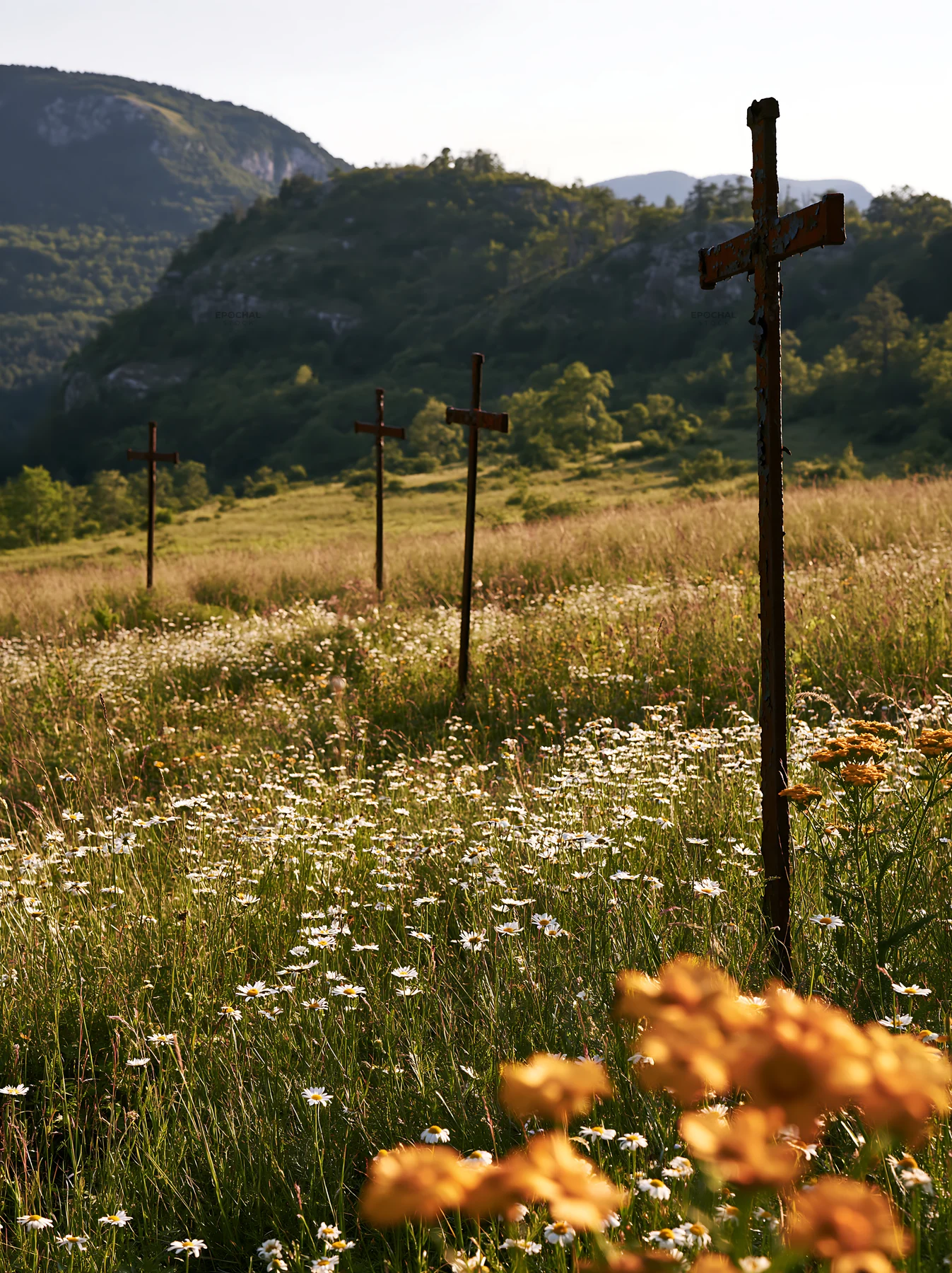 Three iron crosses in an Advent meadow - AI-generated stock image
