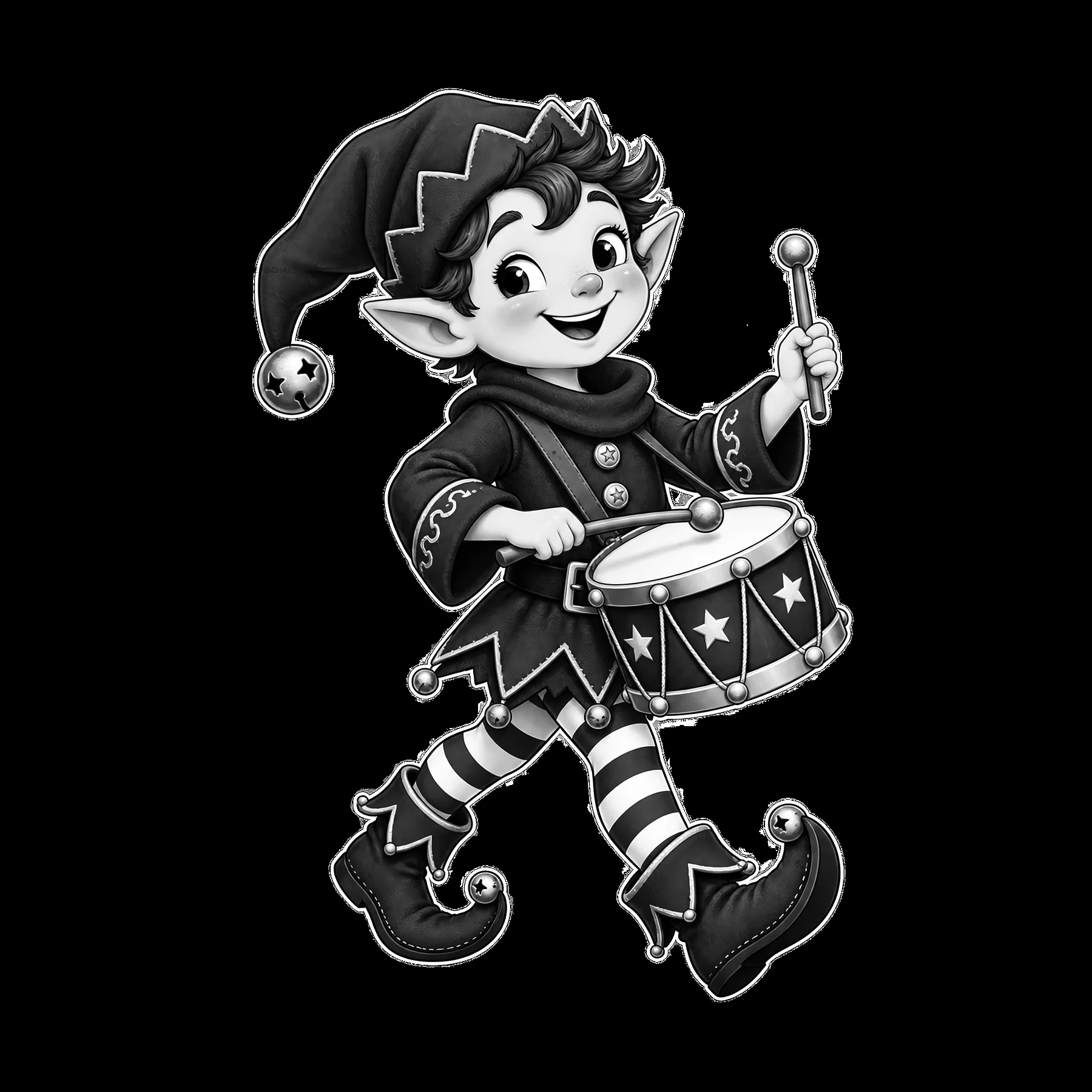 Monochrome Cartoon Drummer Sticker - AI-generated stock image