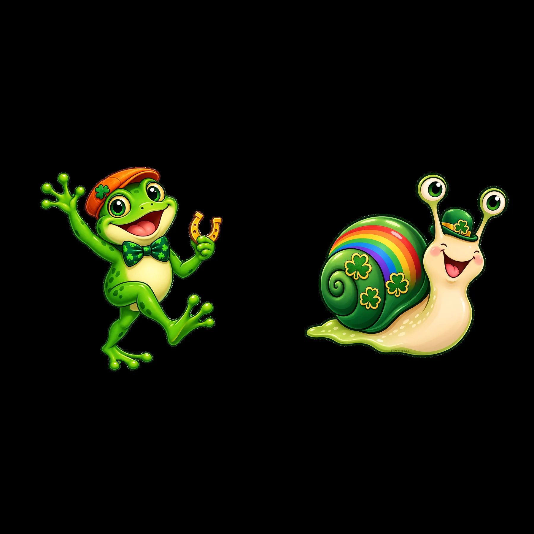 Frog with horseshoe and snail celebrating St. Patrick's Day - AI-generated stock image
