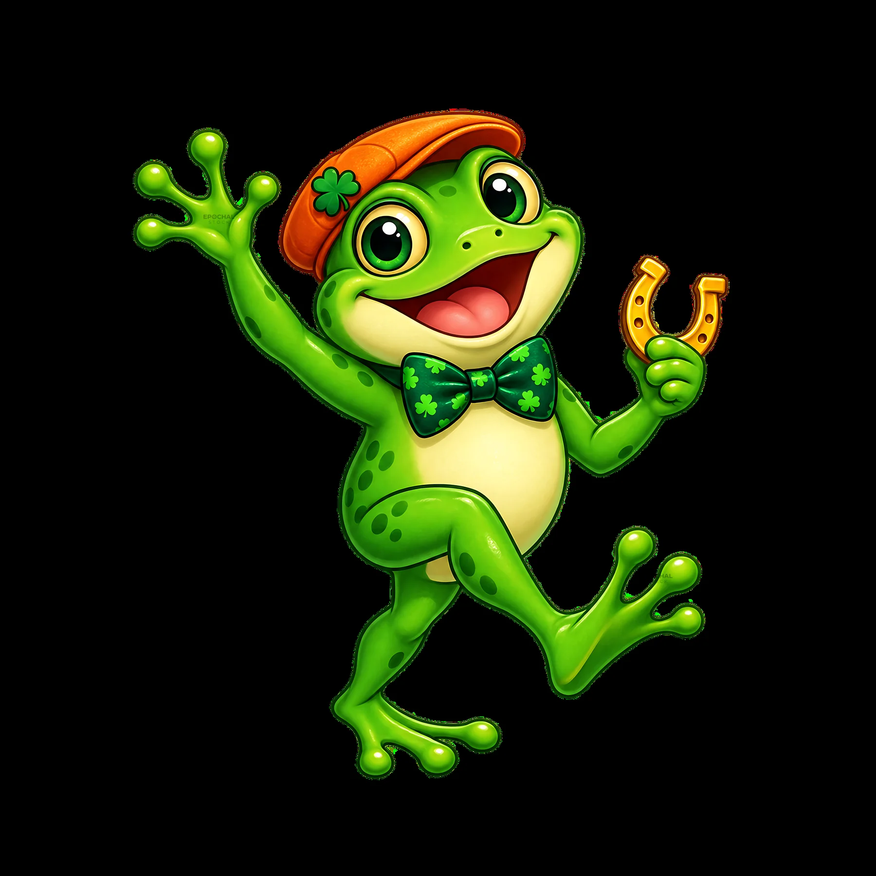 Cheerful green frog with a bowtie and horseshoe for St. Patrick's Day - AI-generated stock image
