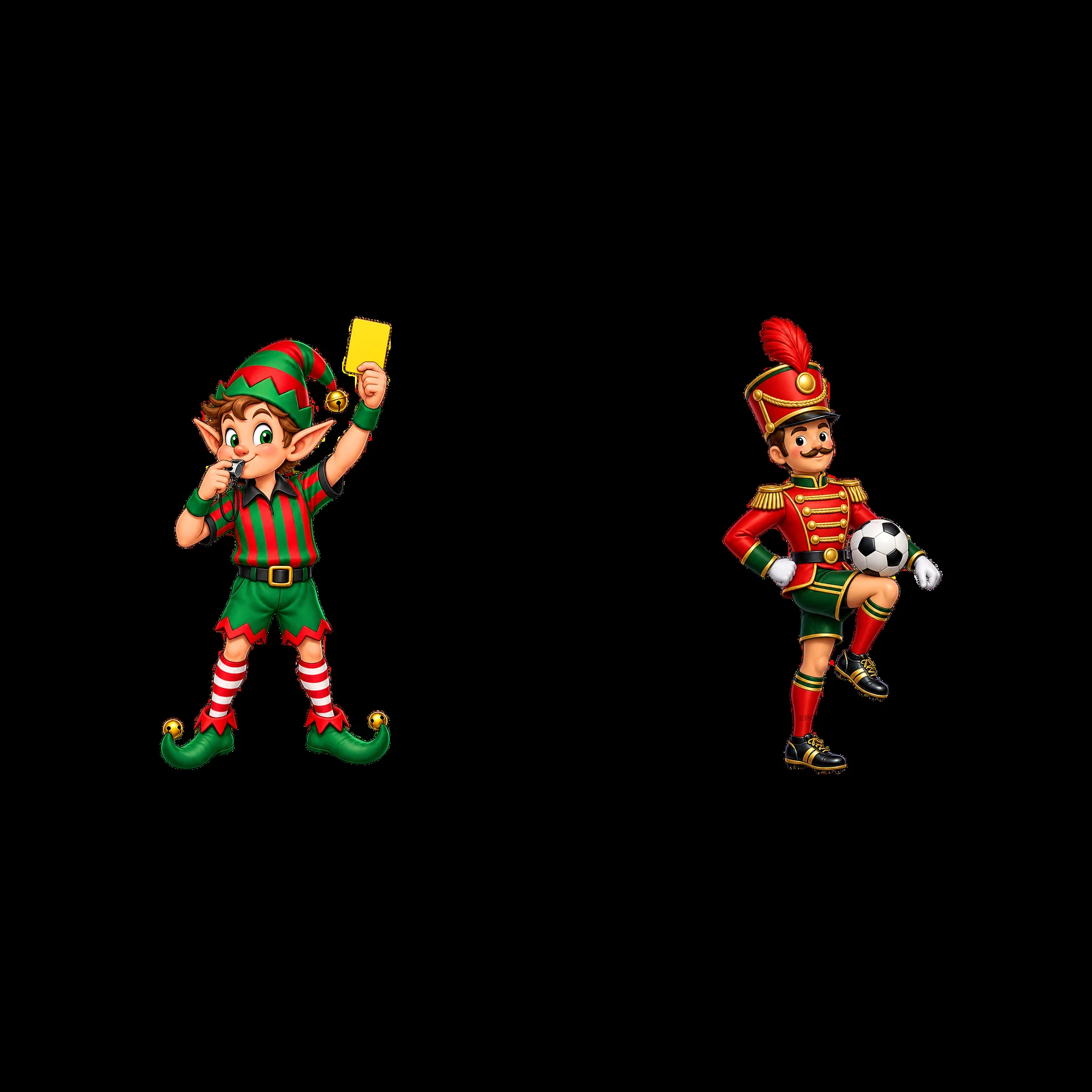 Christmas elf and toy soldier playing soccer - AI-generated stock image