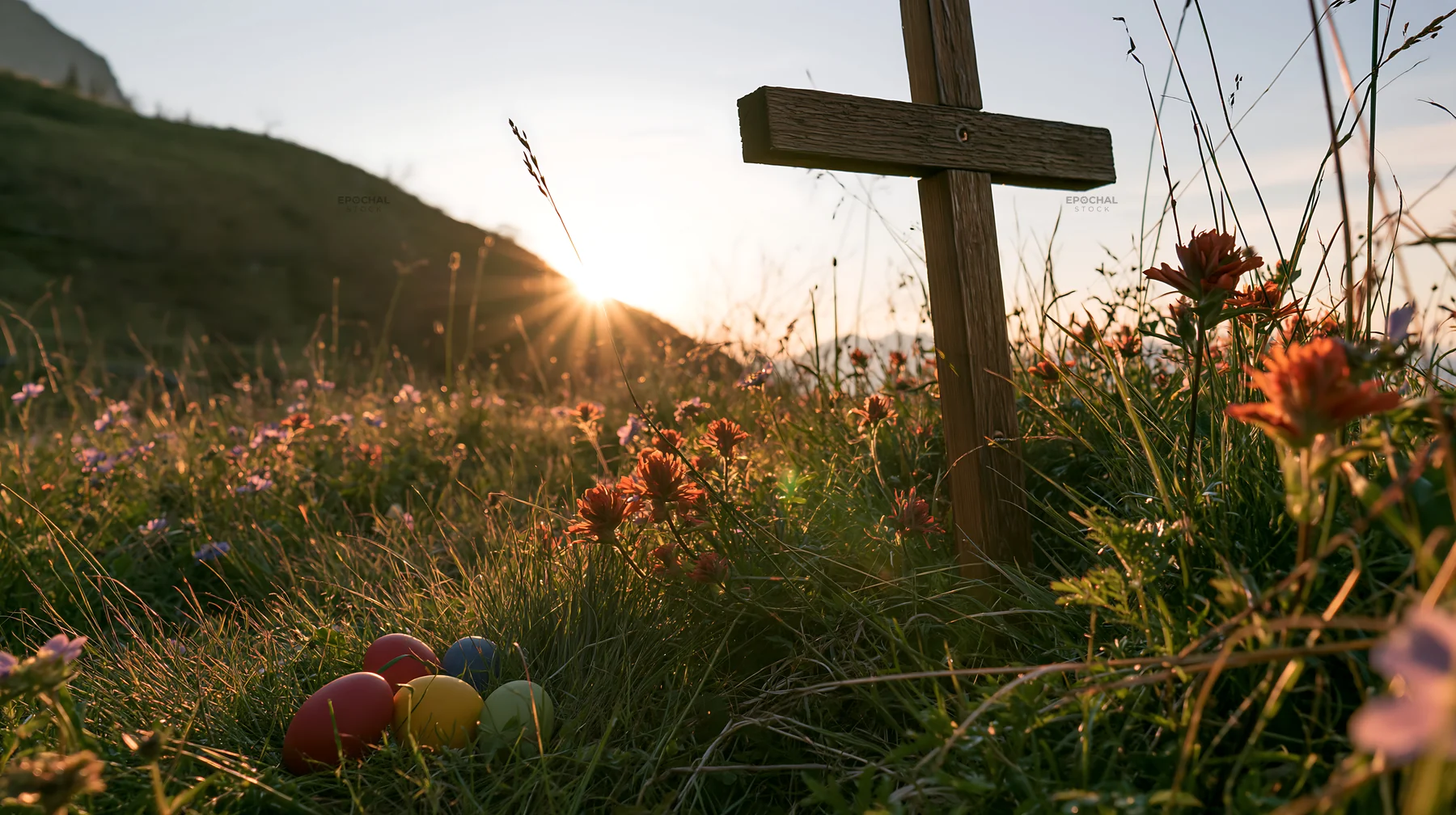Christian cross in summer meadow with colorful eggs - AI-generated stock image