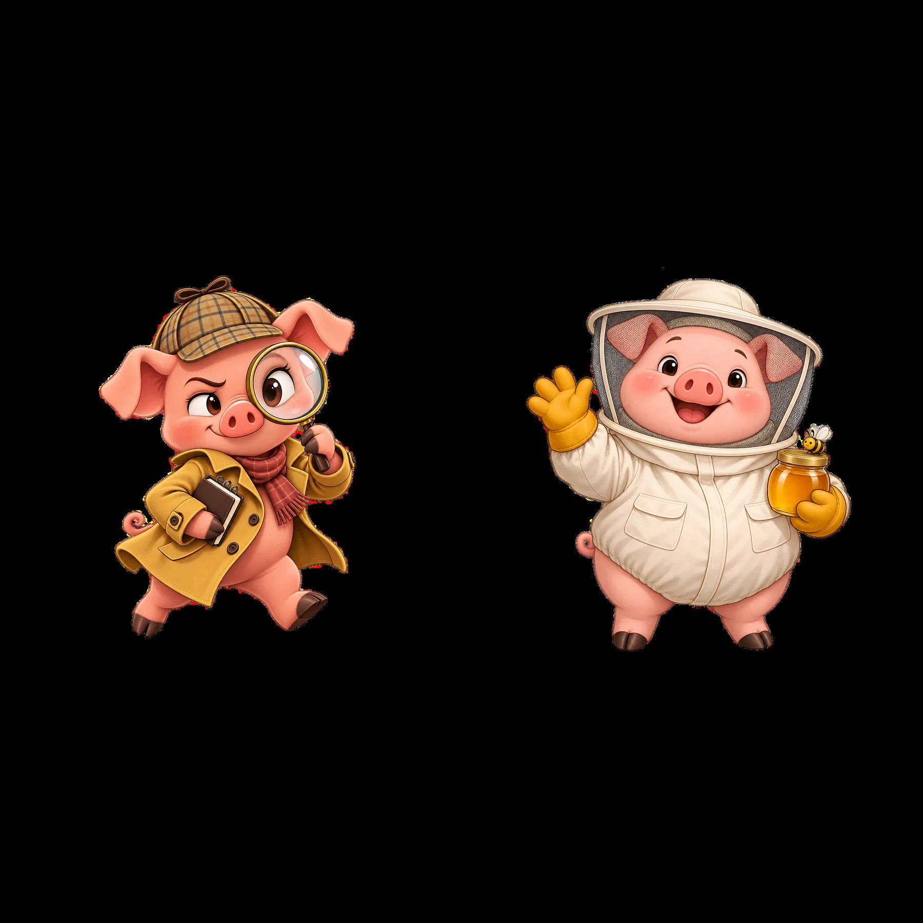 Pair of cartoon pigs in detective and beekeeper outfits - AI-generated stock image