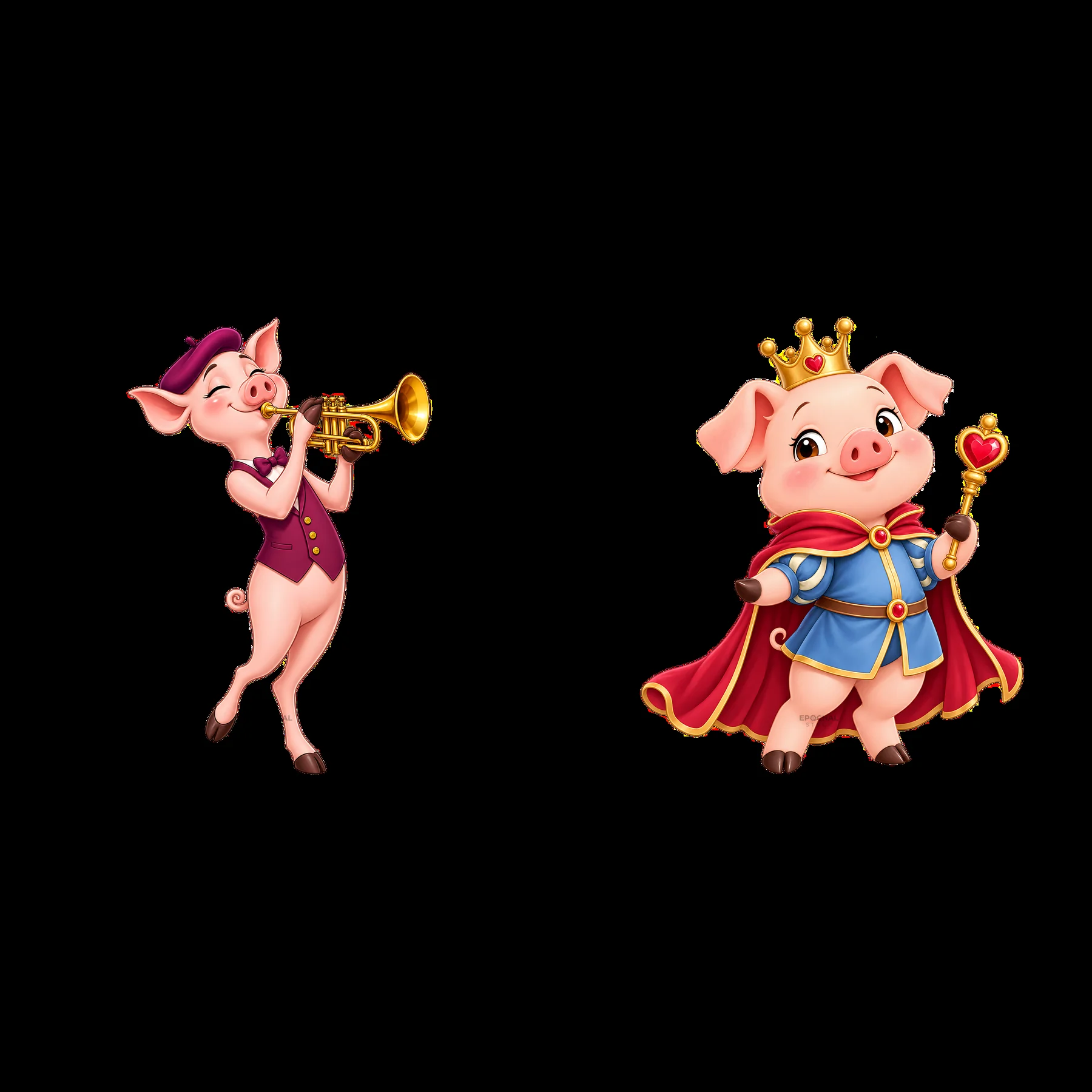 Pig playing trumpet and royal pig with crown - AI-generated stock image