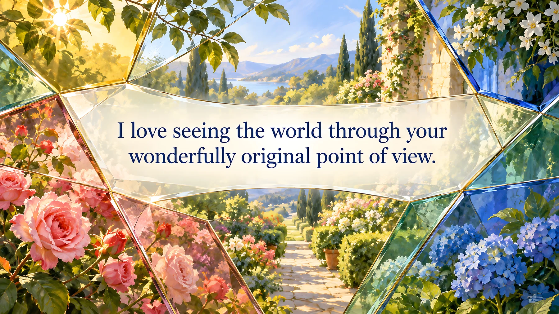 Love Greeting with a Sunlit Garden and Faceted Glass - AI-generated stock image