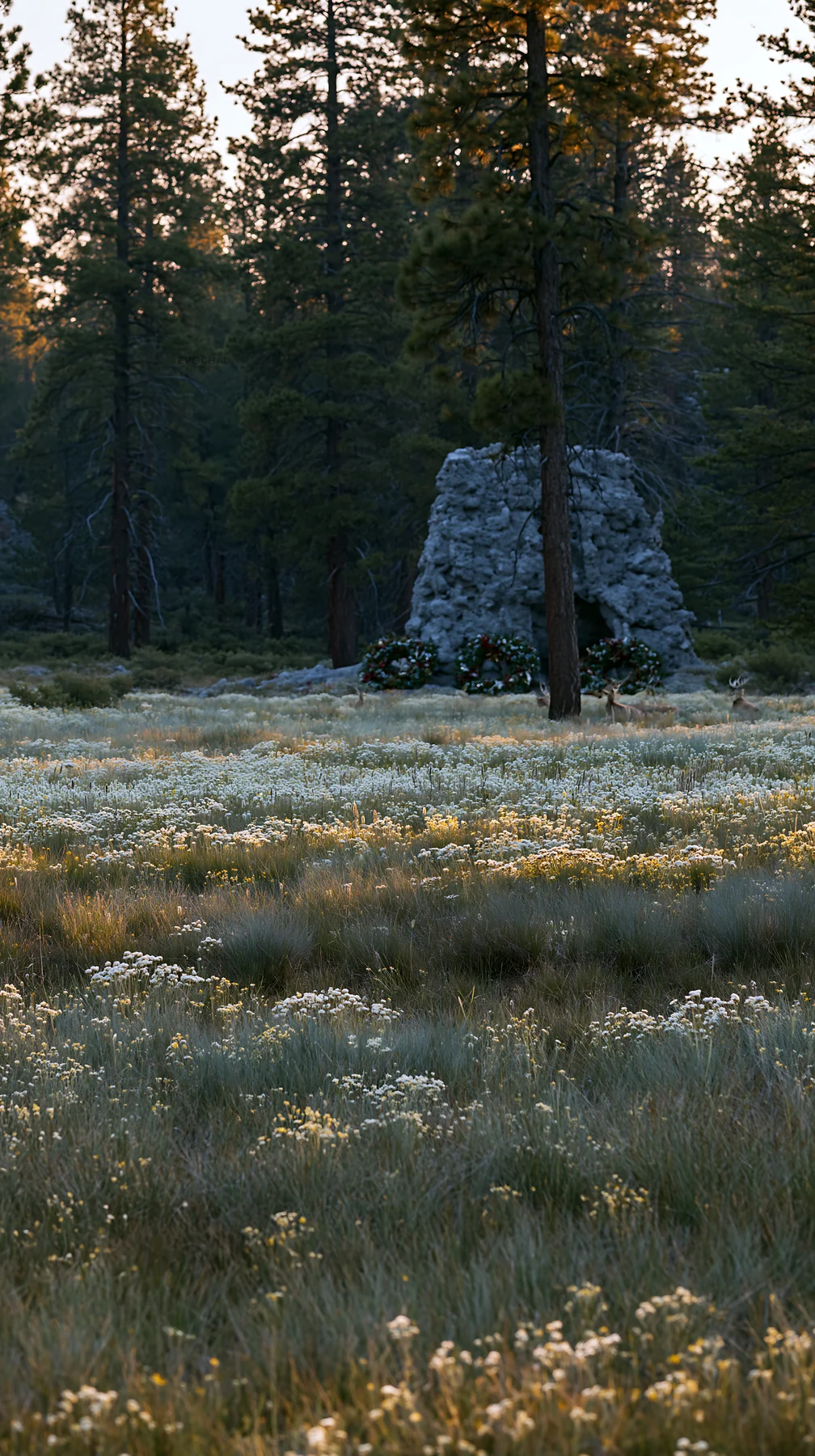 Christmas wreaths near cave in meadow - AI-generated stock image