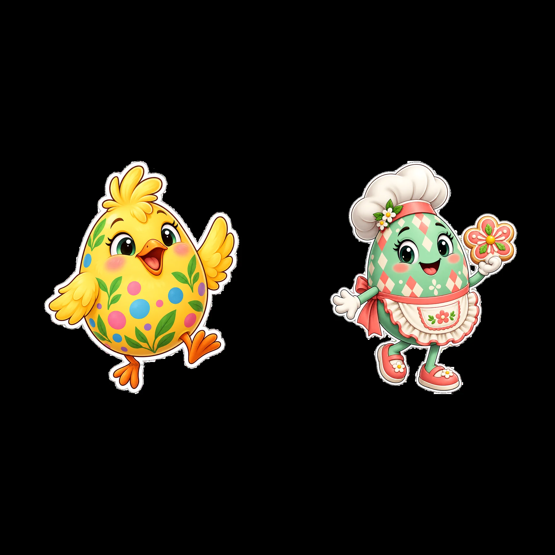 Colorful cartoon Easter eggs and chick characters celebrating - AI-generated stock image