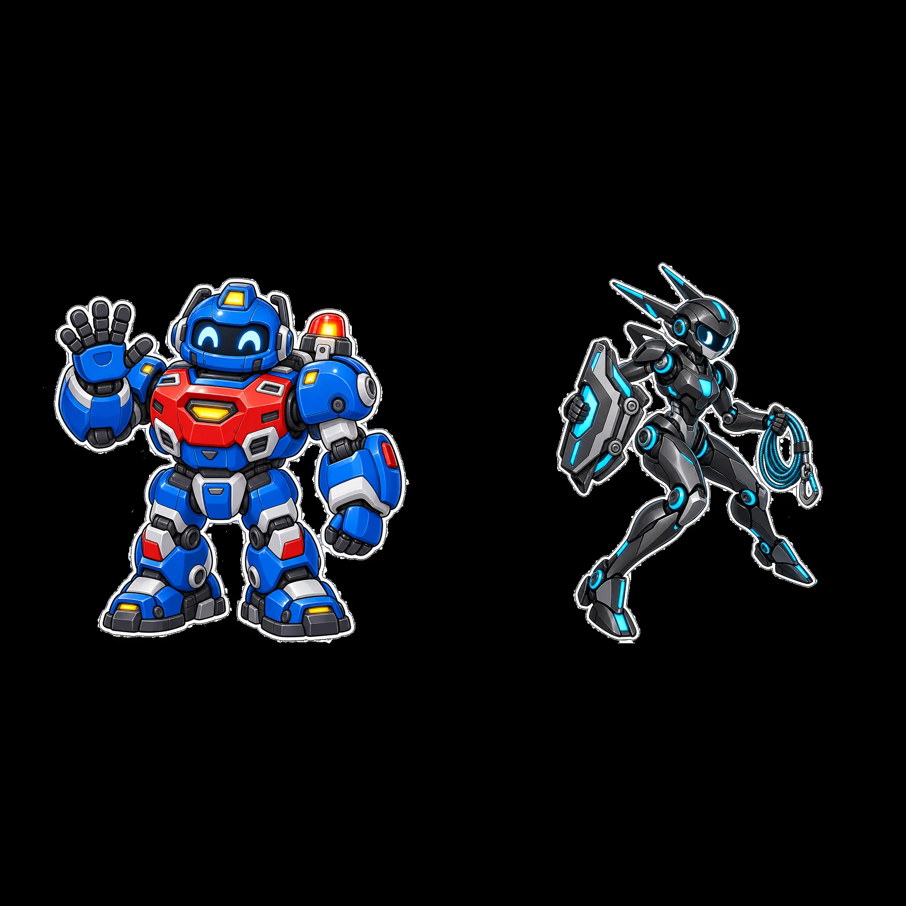 Two mech robots waving and holding accessories in a playful pose - AI-generated stock image