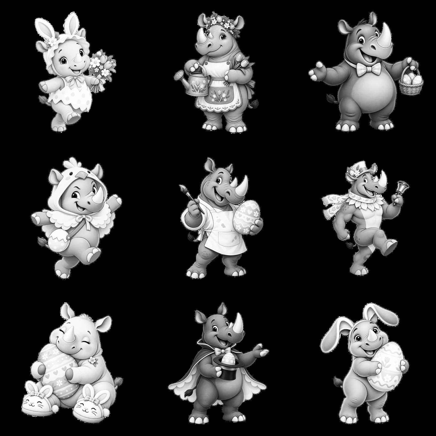 Easter rhinoceros characters in a 3x3 grid layout - AI-generated stock image
