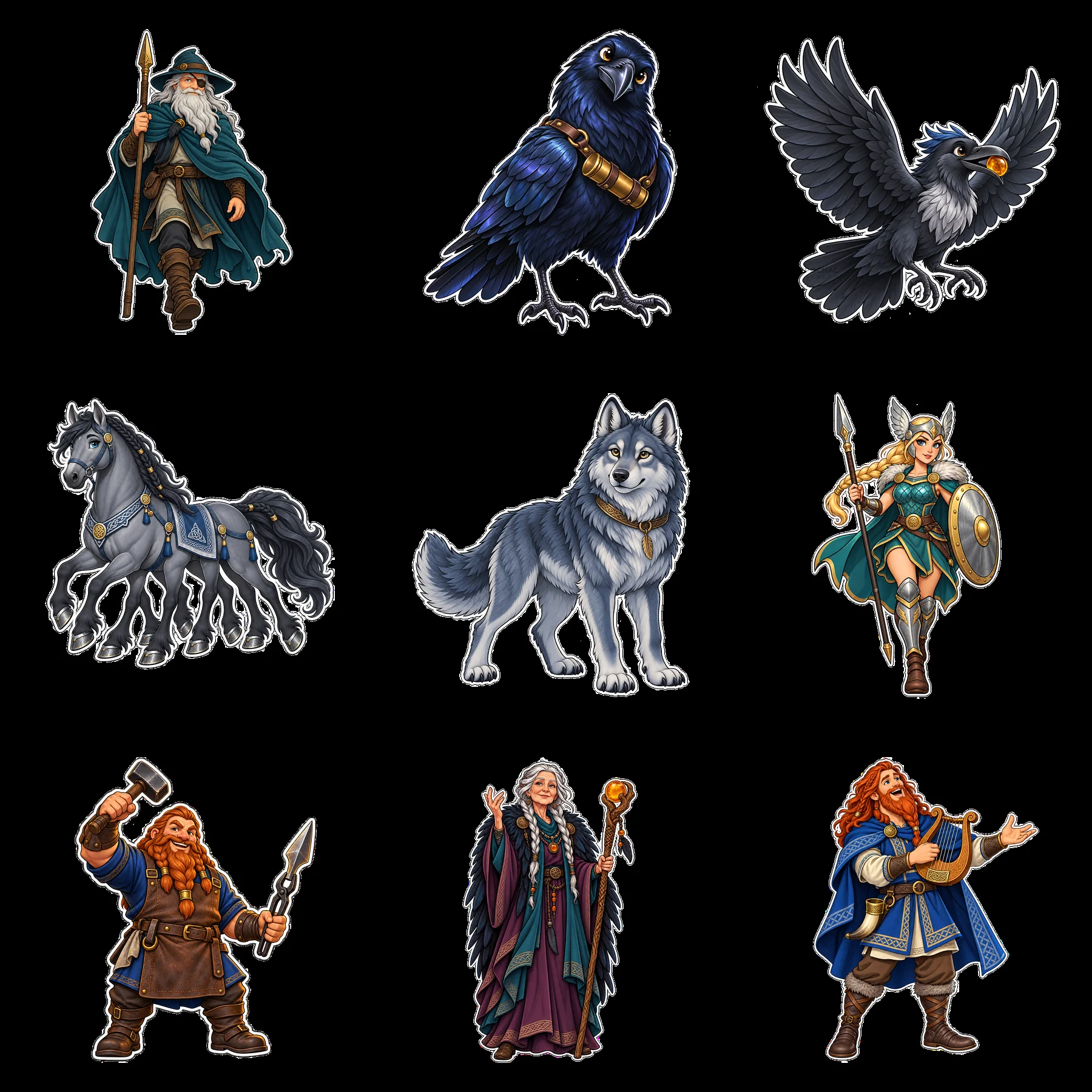 Odin and Norse mythology characters in a 3x3 sticker layout - AI-generated stock image