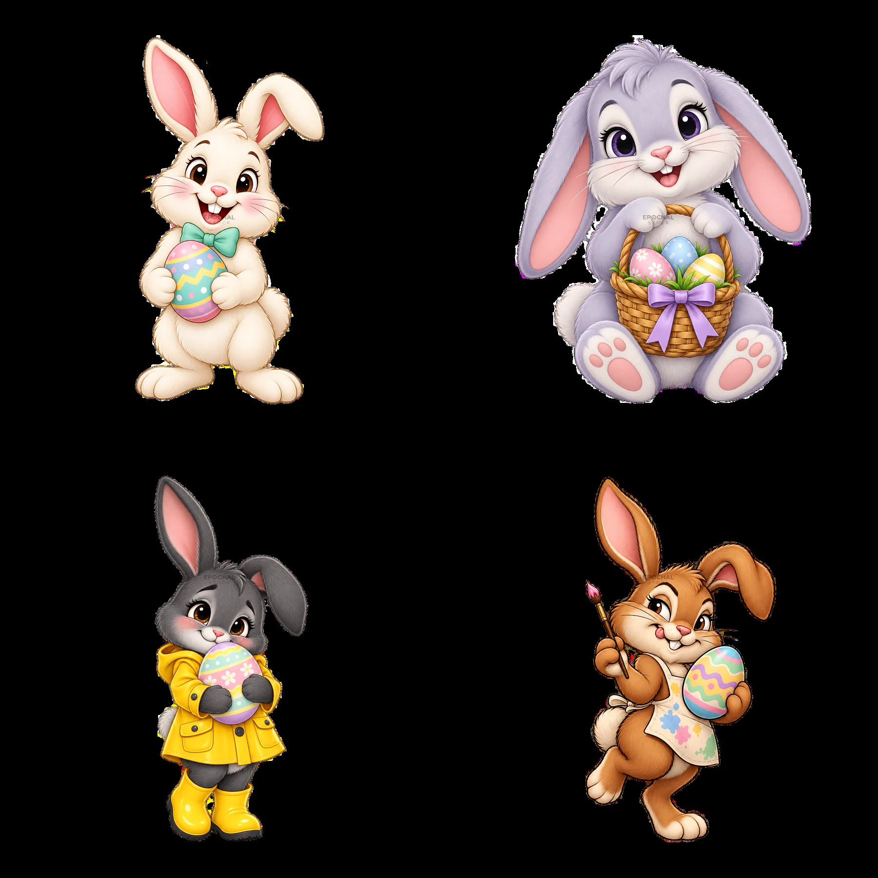 Easter Bunny cartoon characters with colorful eggs in 2x2 layout - AI-generated stock image