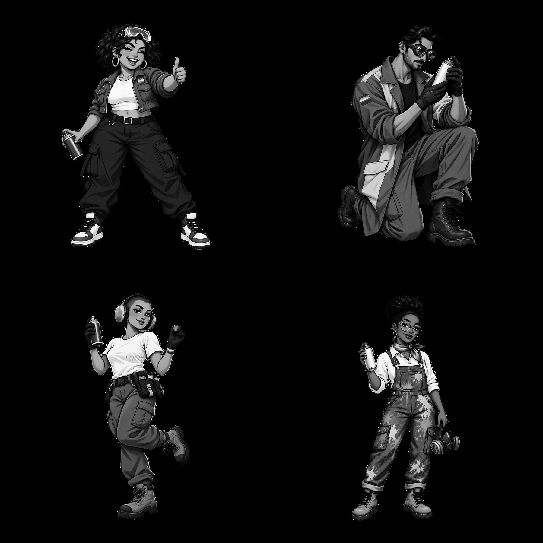 Cartoon sticker set of diverse graffiti spray painters in action - AI-generated stock image