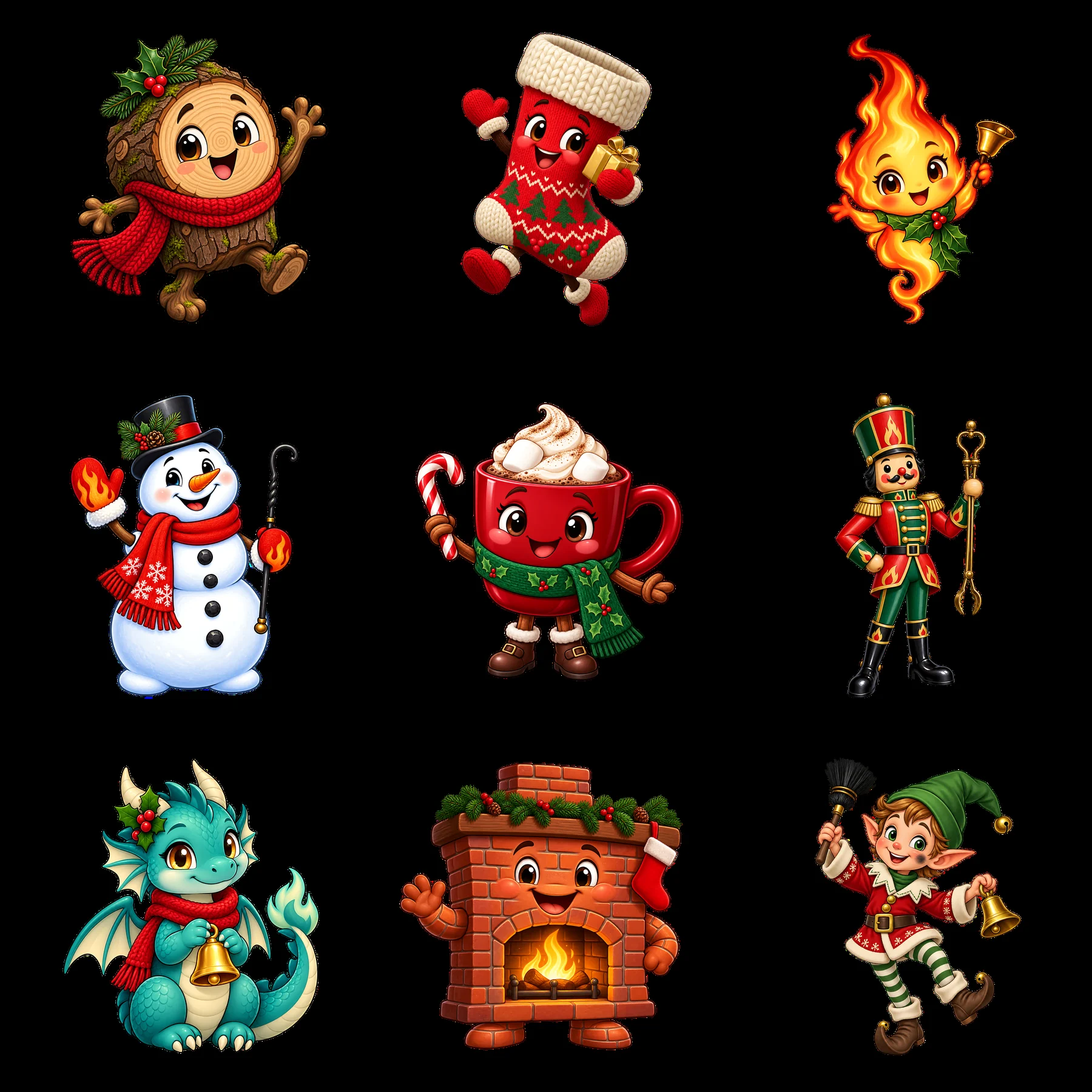 Nine cartoon figure stickers in a square arrangement - AI-generated stock image