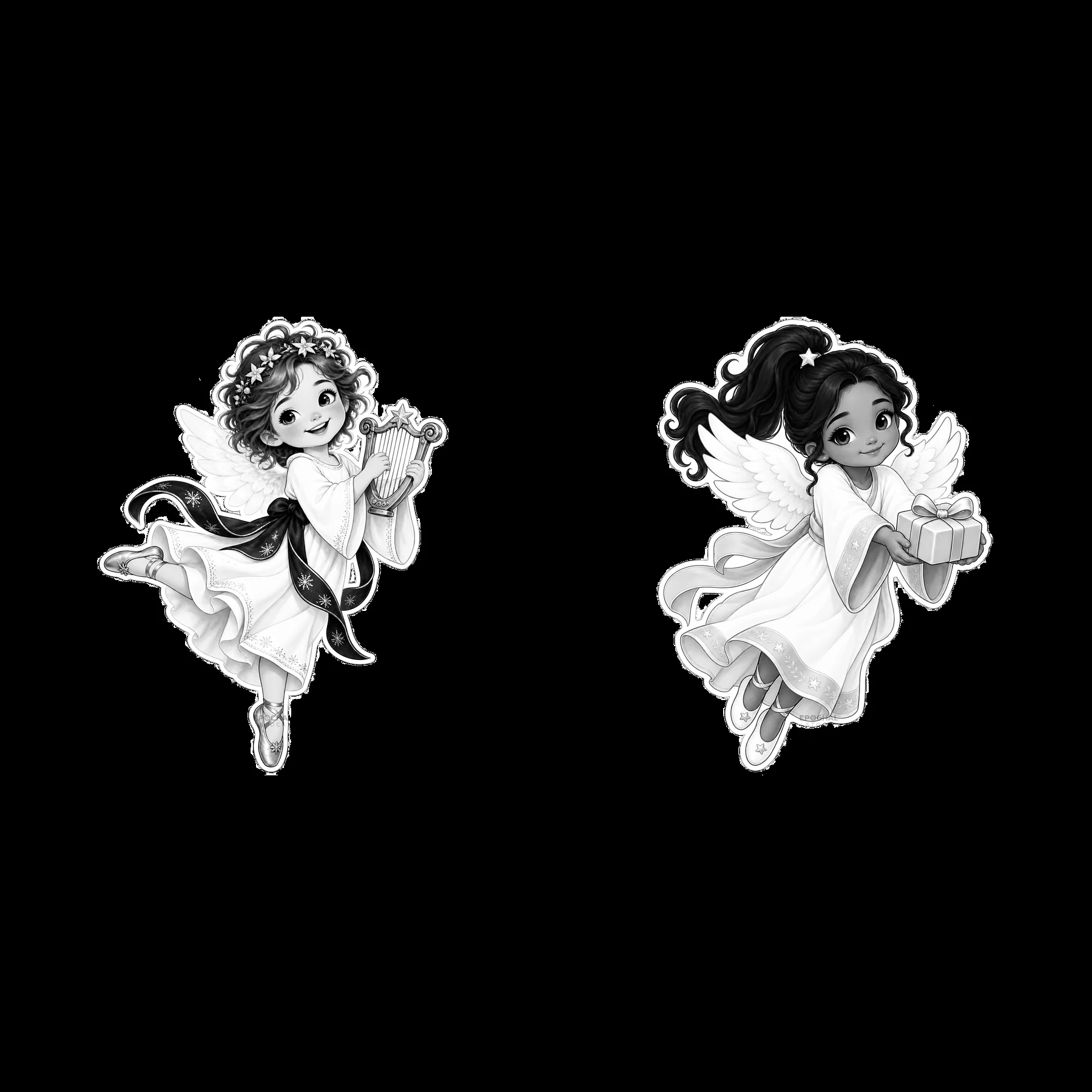 Christ Child with gifts and harp in monochrome design - AI-generated stock image