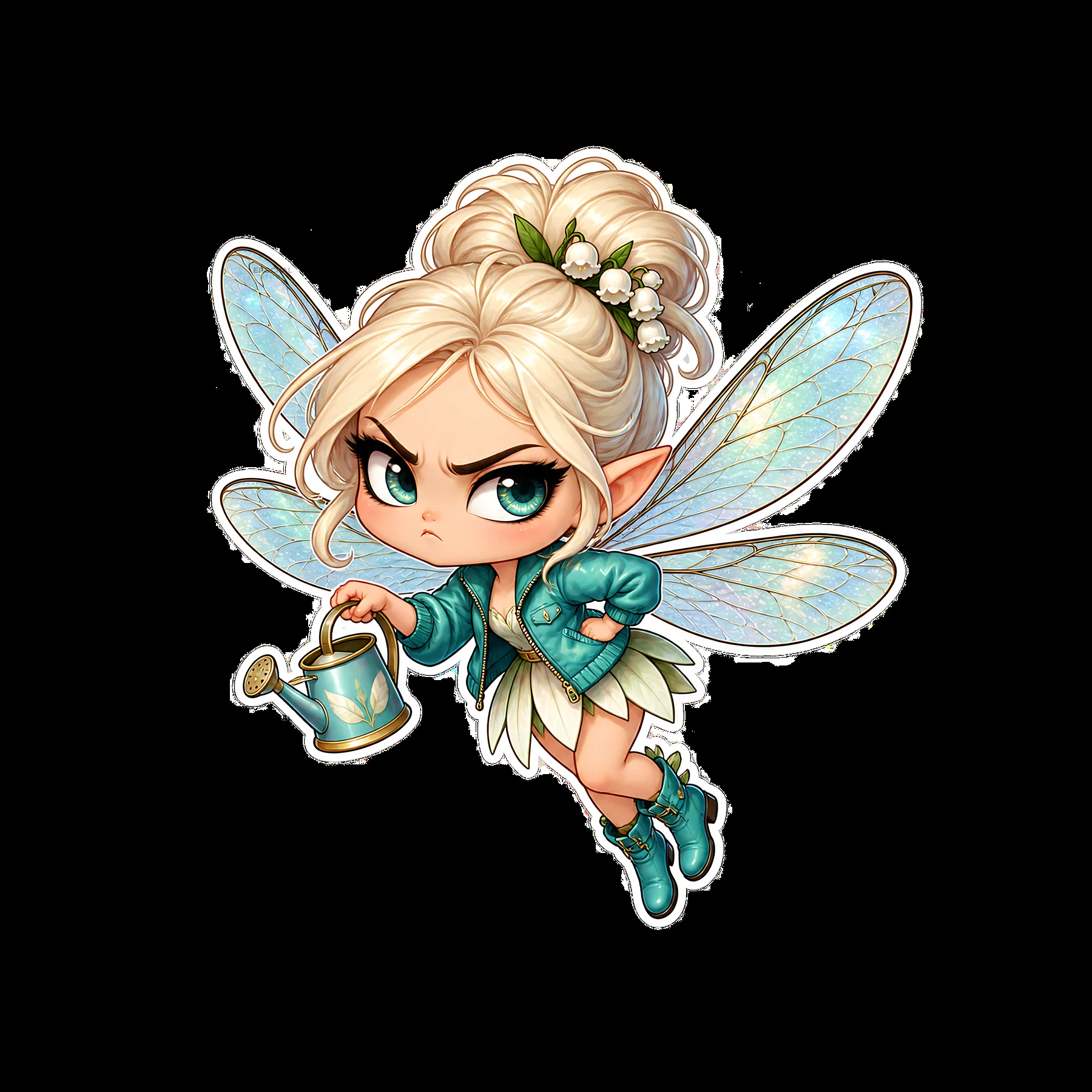 Grumpy fairy with watering can and butterfly wings - AI-generated stock image