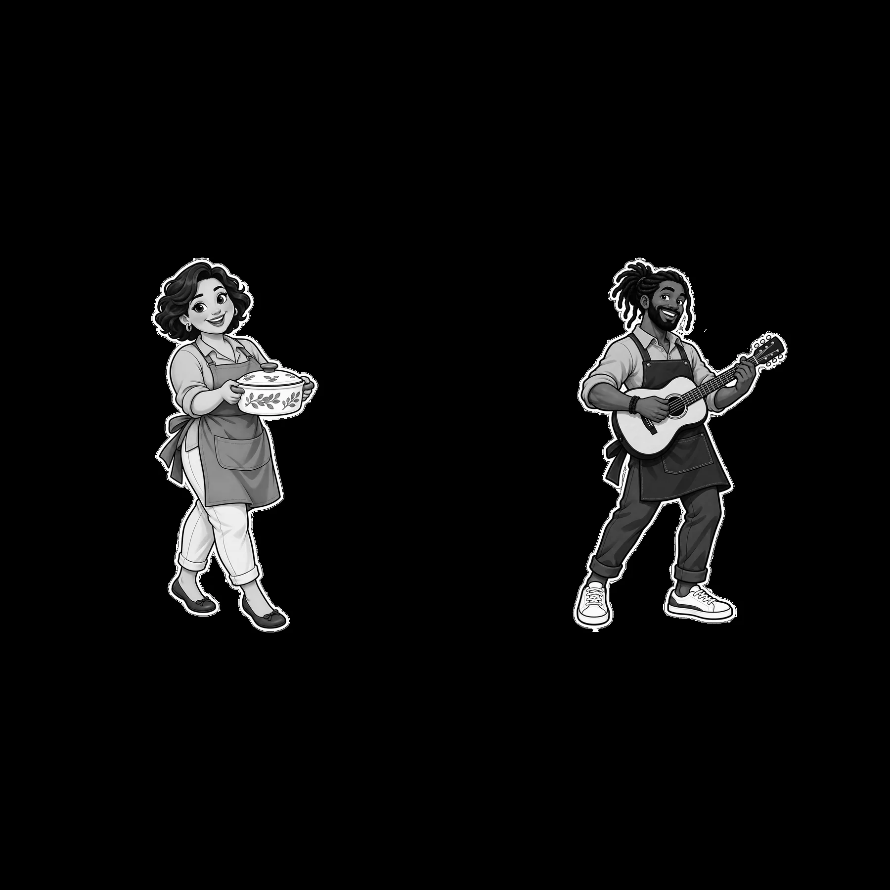 A woman walks with a bowl in her hands while a man strums a guitar - AI-generated stock image