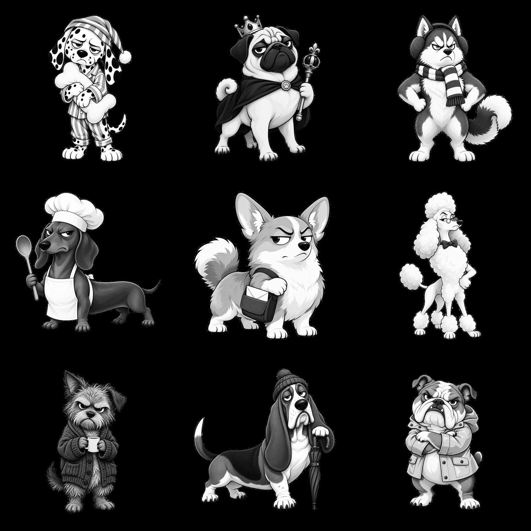 Grumpy dog characters in various outfits and poses arranged in grid - AI-generated stock image