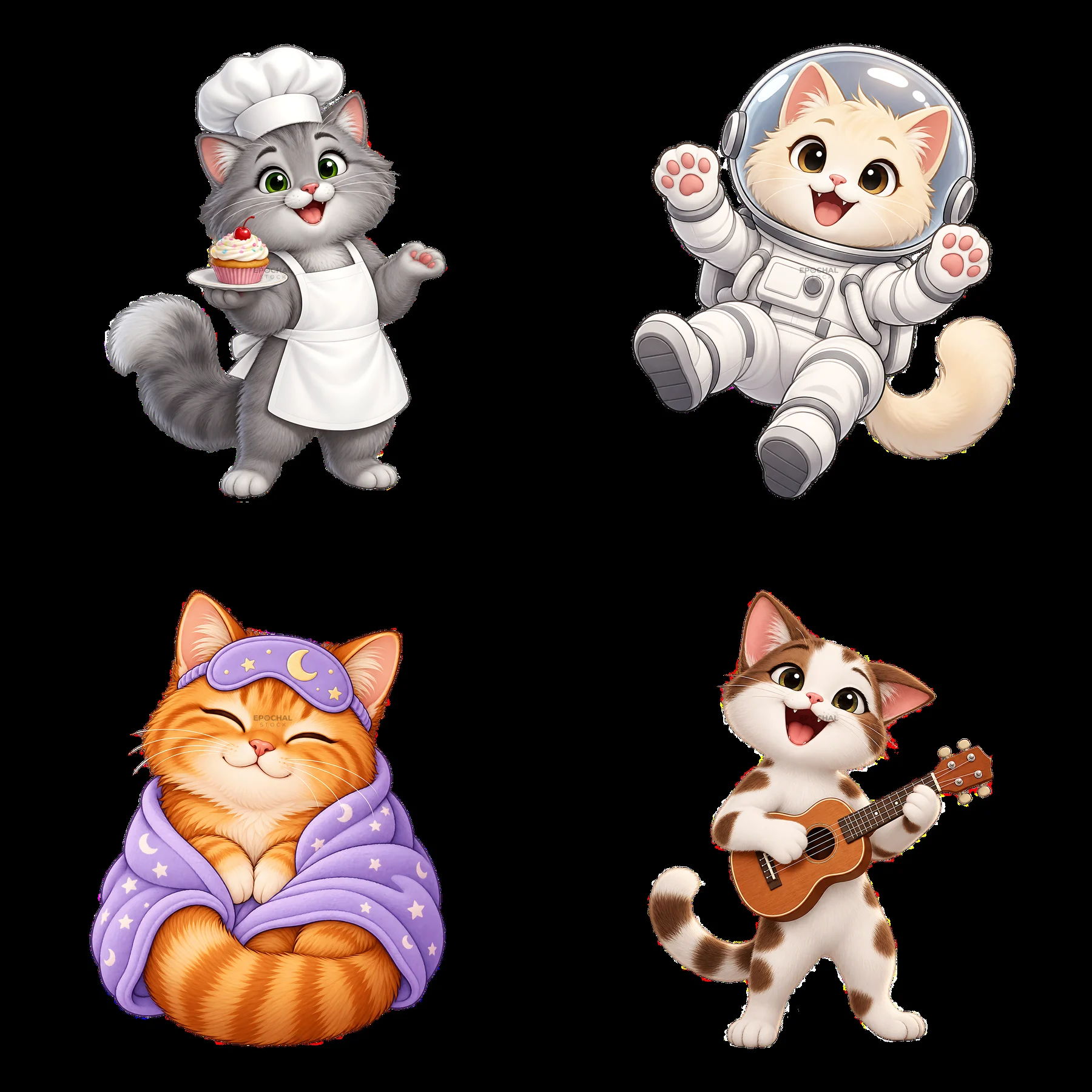Cats in various costumes engaging in fun activities - AI-generated stock image