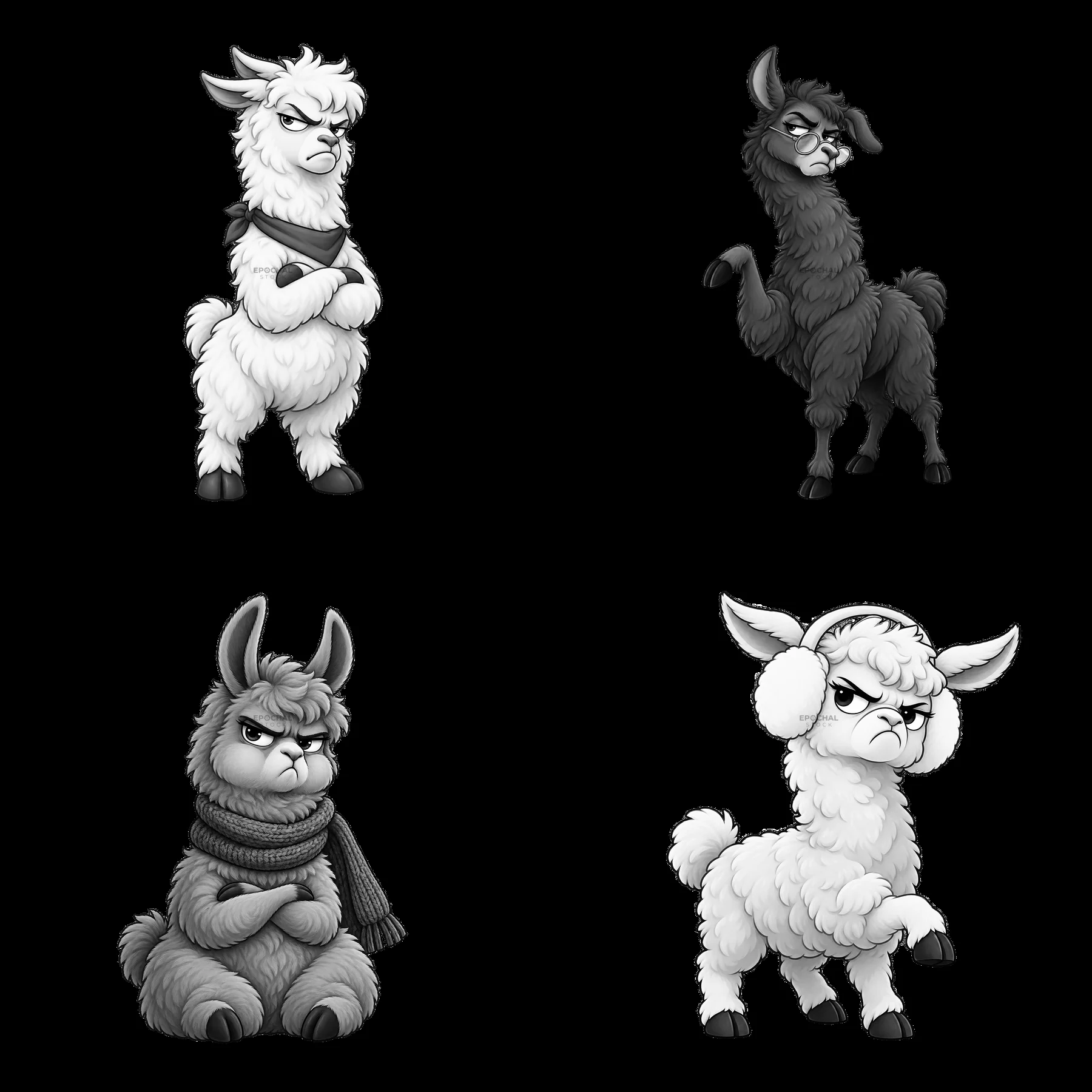 Grumpy llama cartoon stickers in black and white arrangement - AI-generated stock image