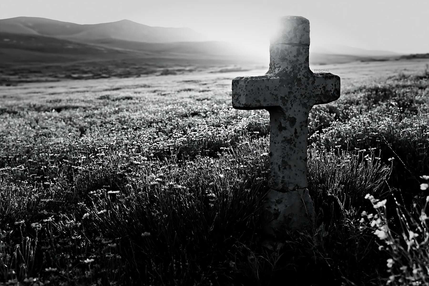 Christian cross in backlit summer meadow with mountains in view - AI-generated stock image