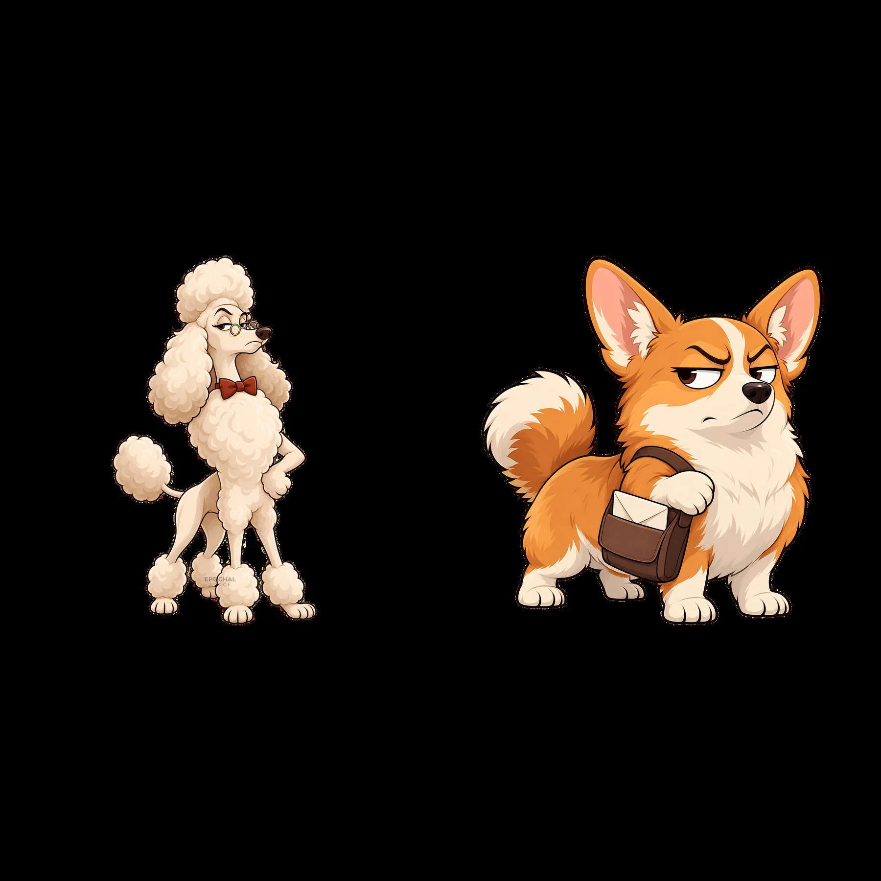 Grumpy dog and stylish poodle cartoon sticker pair - AI-generated stock image