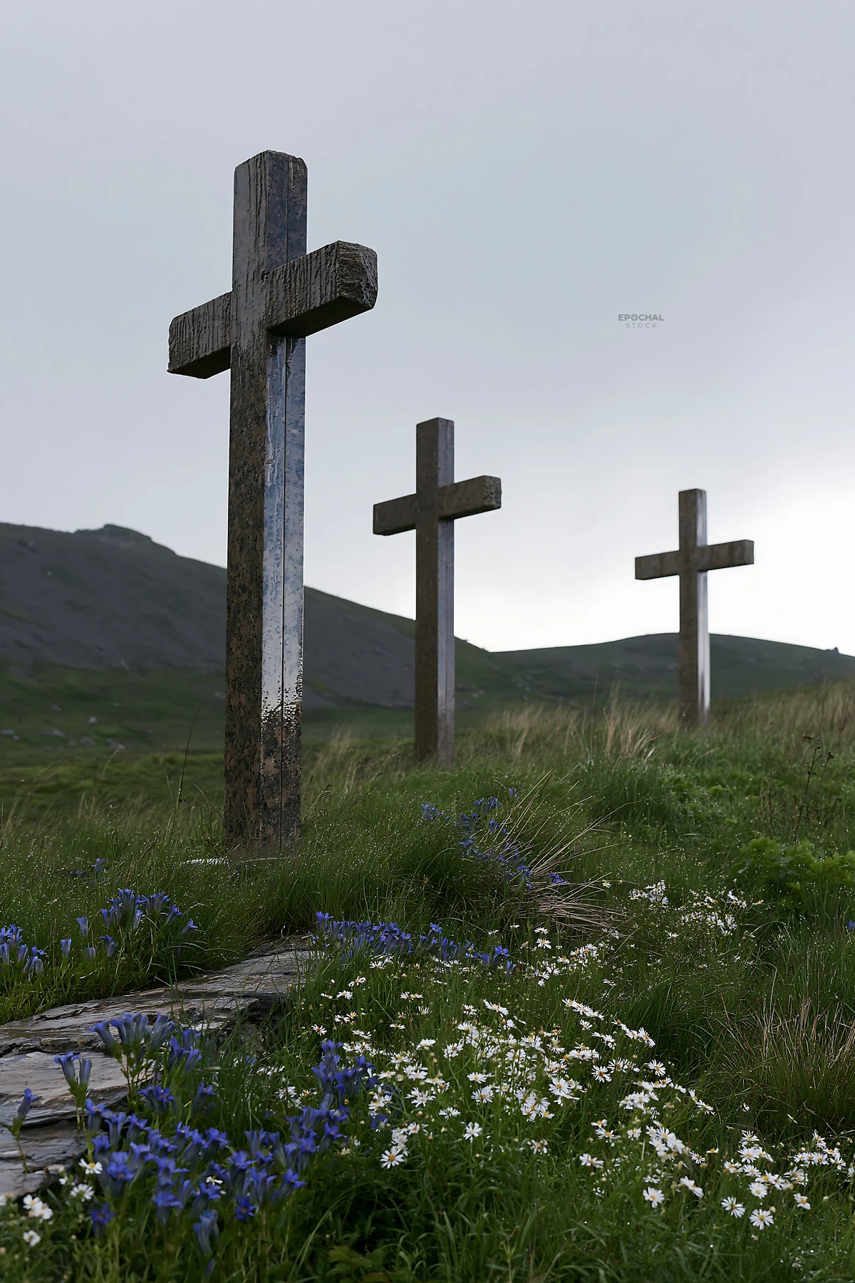 Christian crosses in rain-soaked meadow with flowers - AI-generated stock image