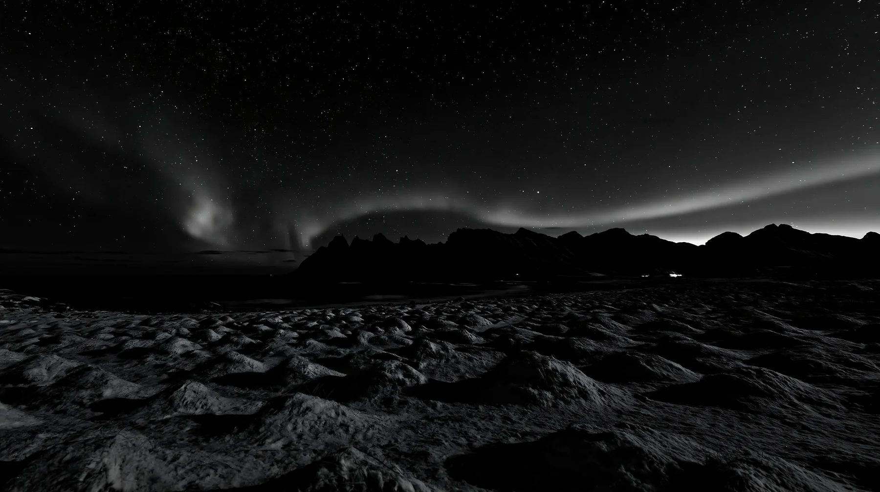 Black and white lofoten coastal meadow winter snow under northern lights - AI-generated stock image