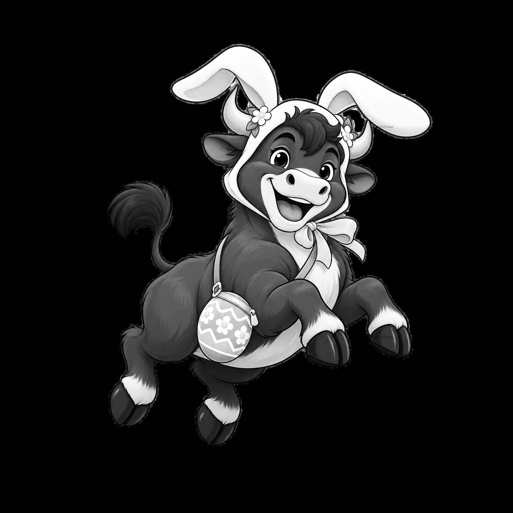 Easter ox wearing bunny ears enjoying a festive jump - AI-generated stock image