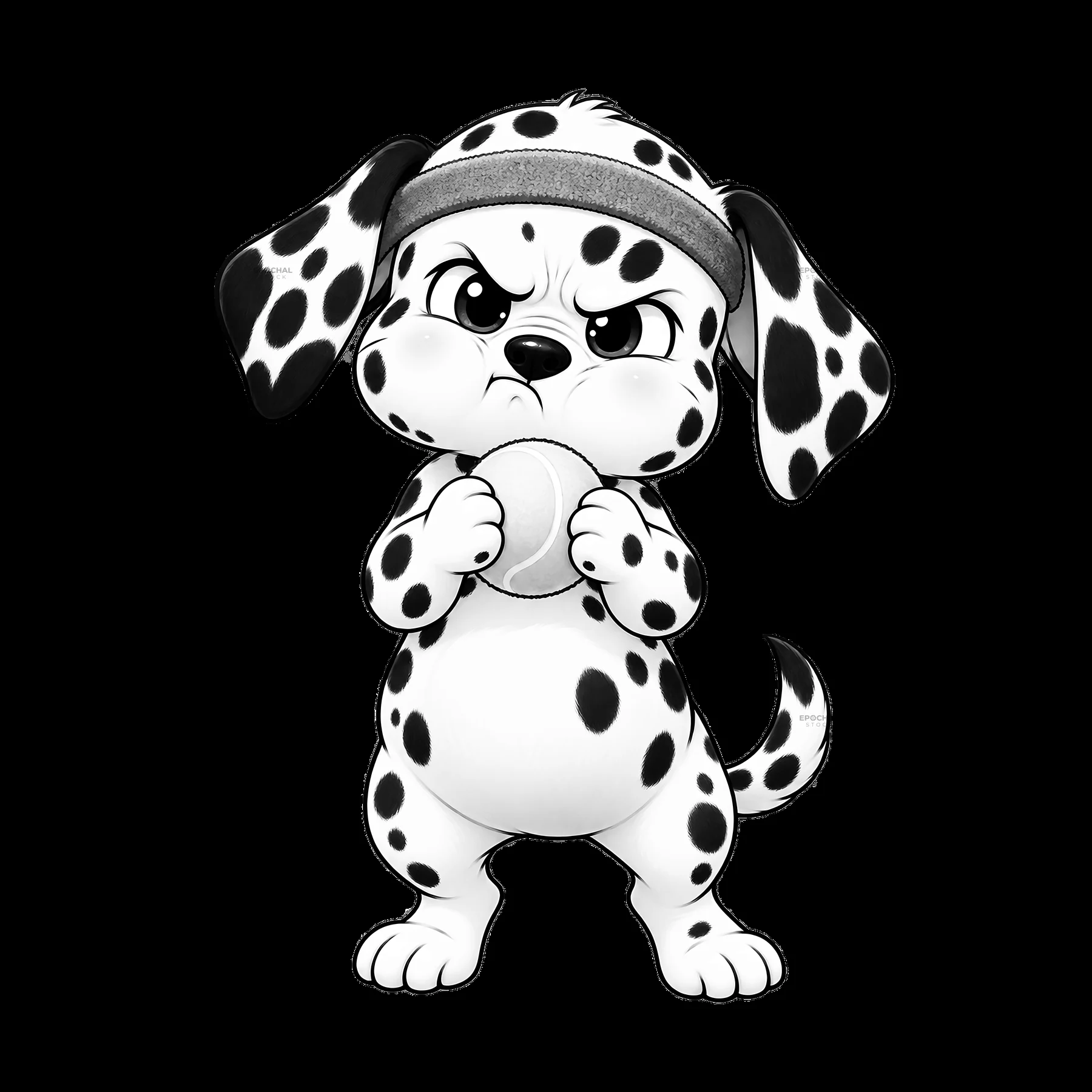 Kawaii grumpy dog holding a round object with a headband - AI-generated stock image