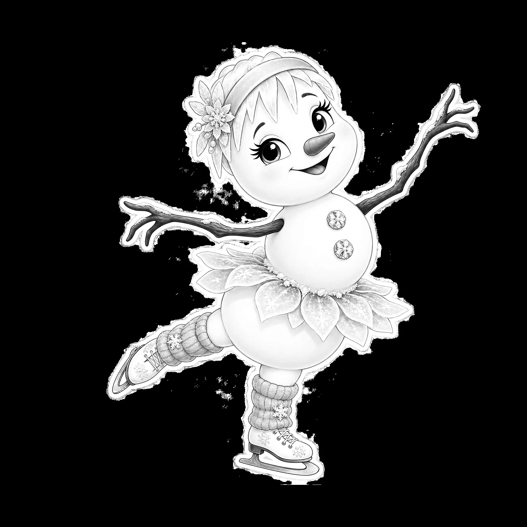 Snowman figure skating with flower decoration in a playful pose - AI-generated stock image
