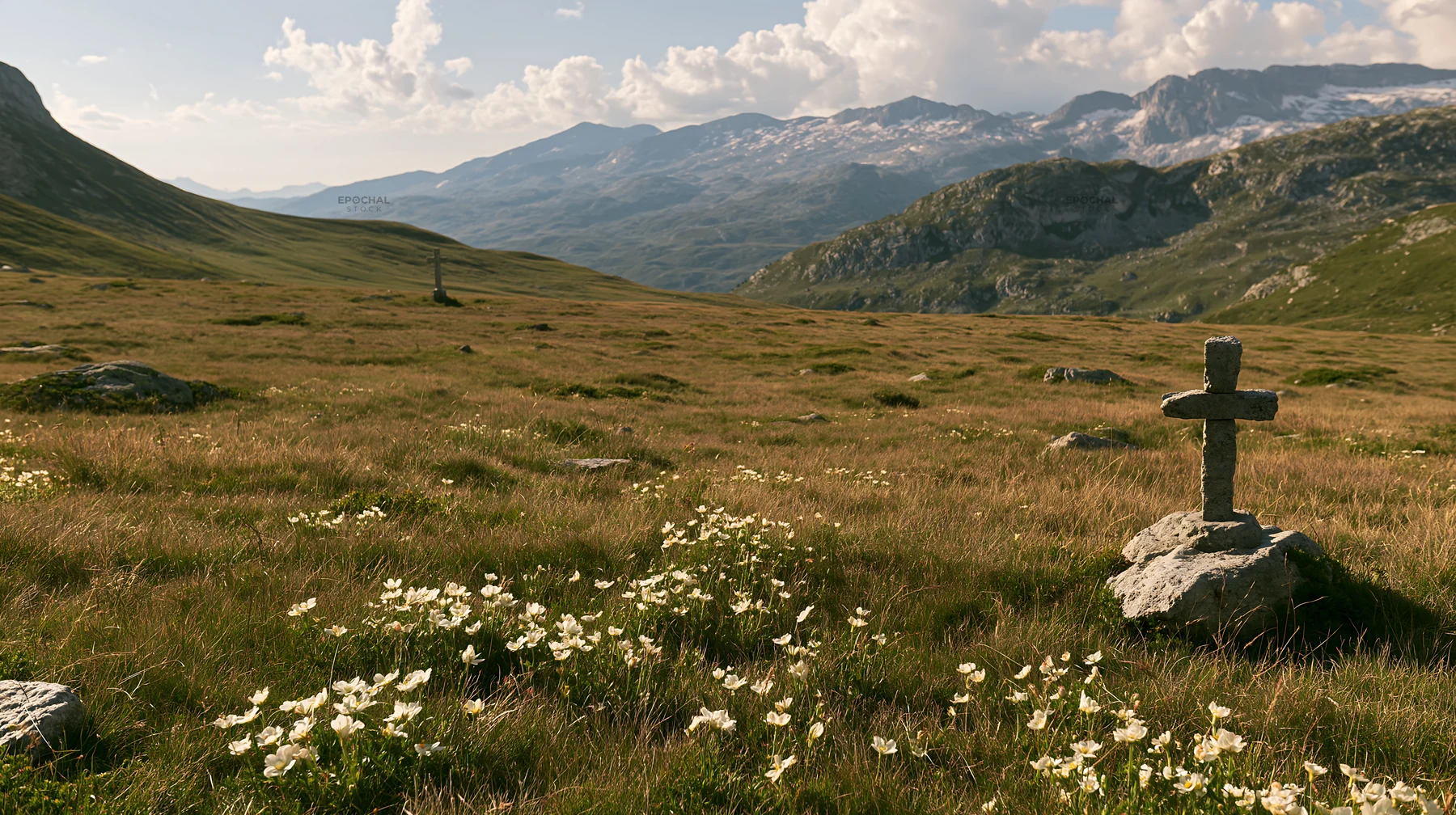 Stone Christian cross in alpine valley meadow - AI-generated stock image