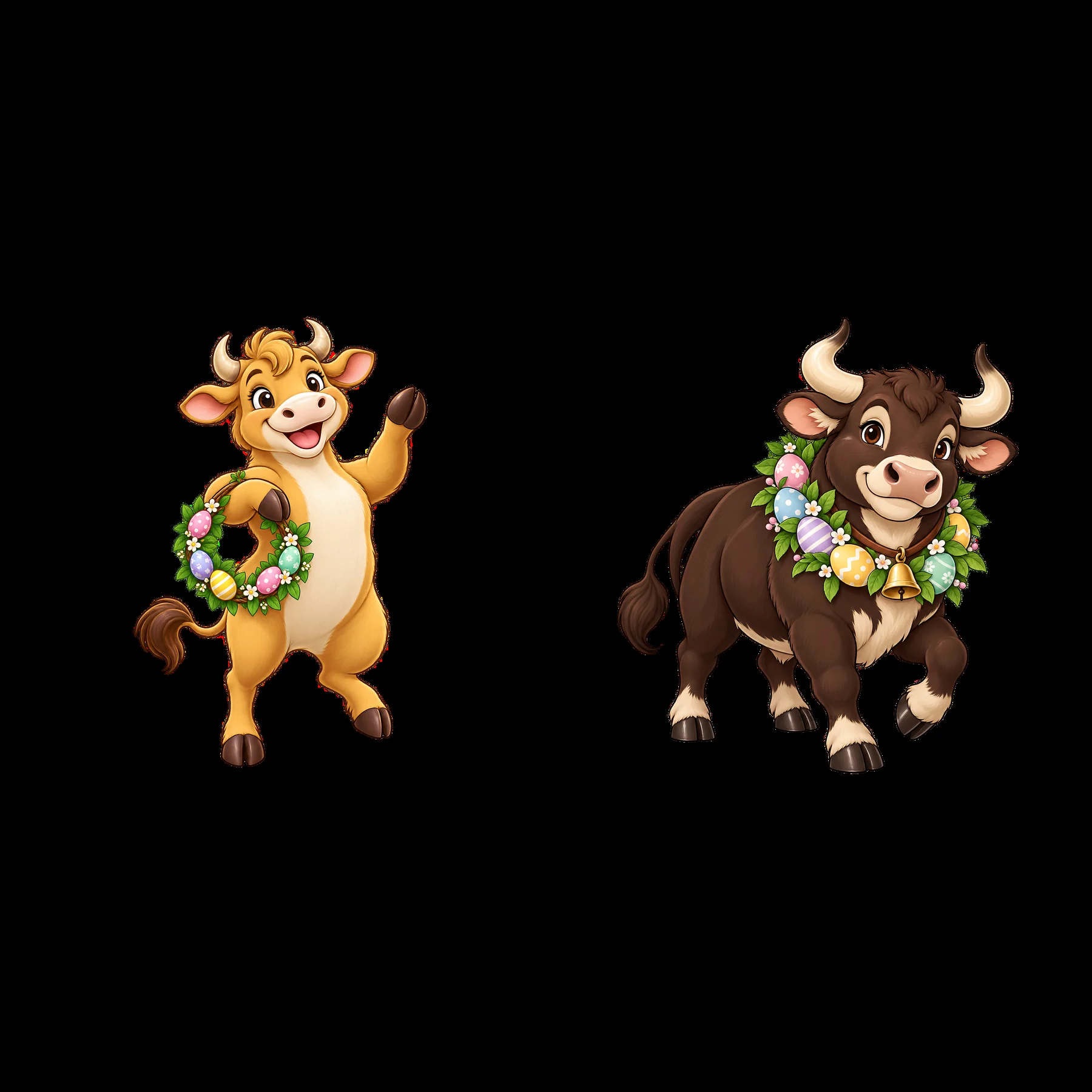 Easter ox characters with floral wreaths for festive celebration - AI-generated stock image