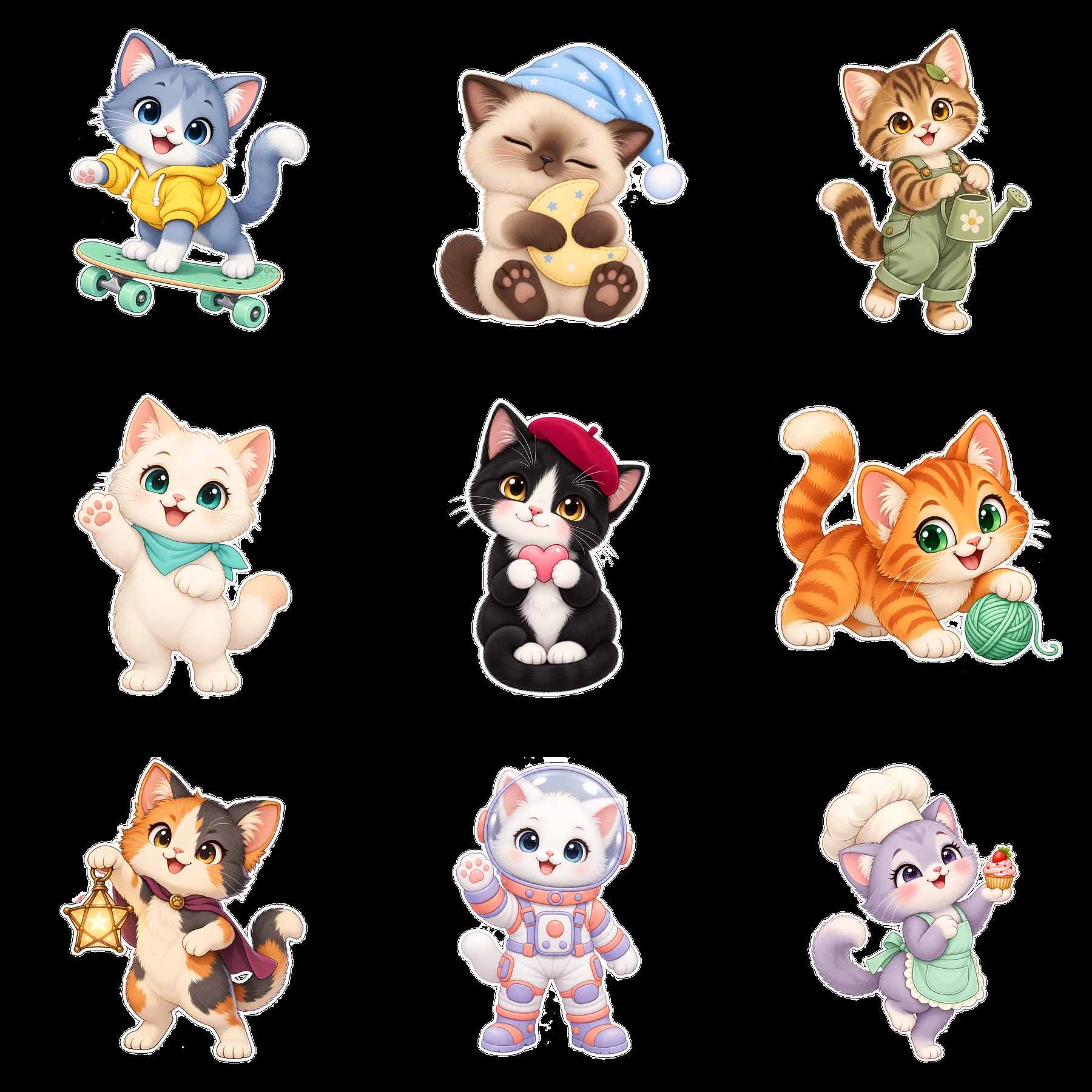 Kawaii cat characters in playful activities and outfits - AI-generated stock image