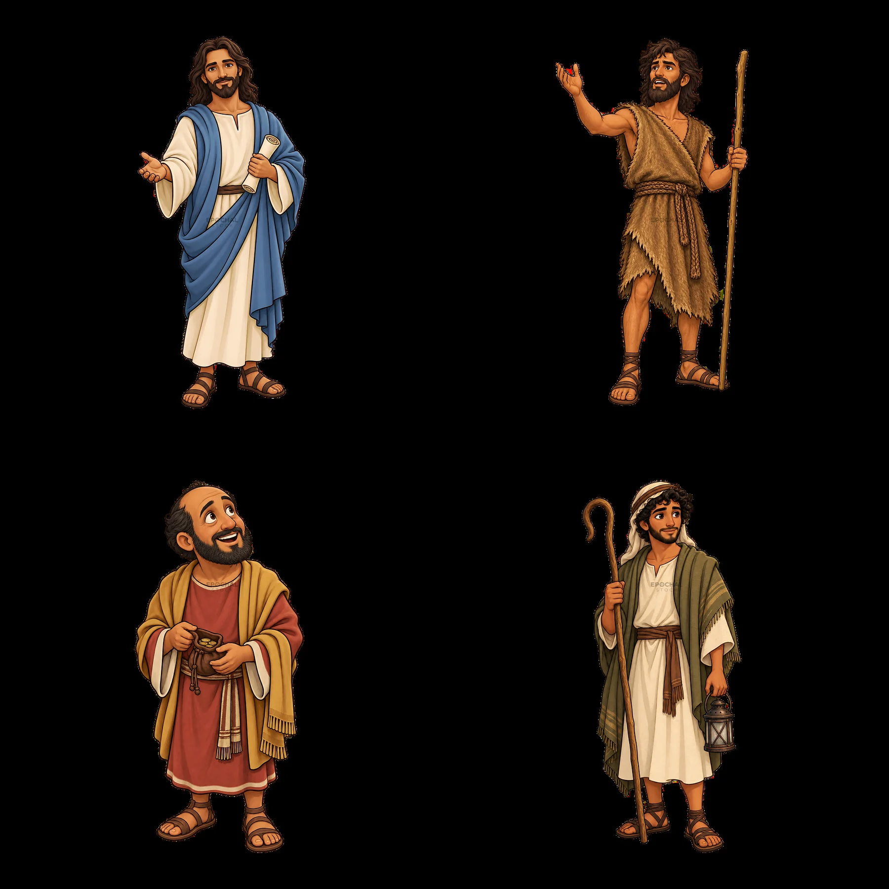 Cartoon stickers of four biblical figures in various poses - AI-generated stock image