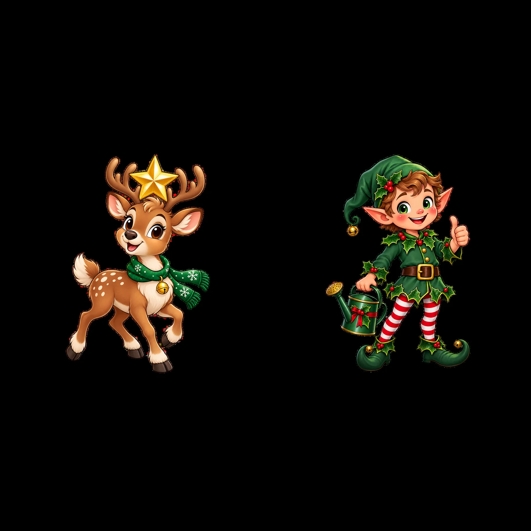 Reindeer with star and cheerful elf spreading Christmas joy - AI-generated stock image