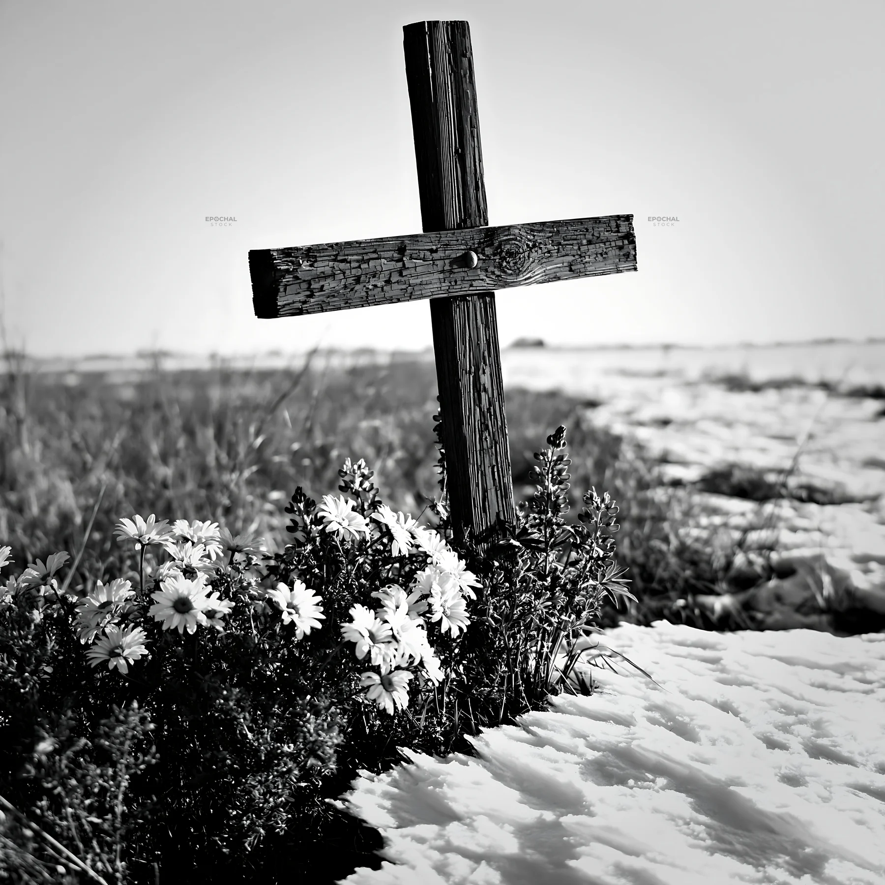 Weathered Christian cross in snowy meadow with flowers - AI-generated stock image