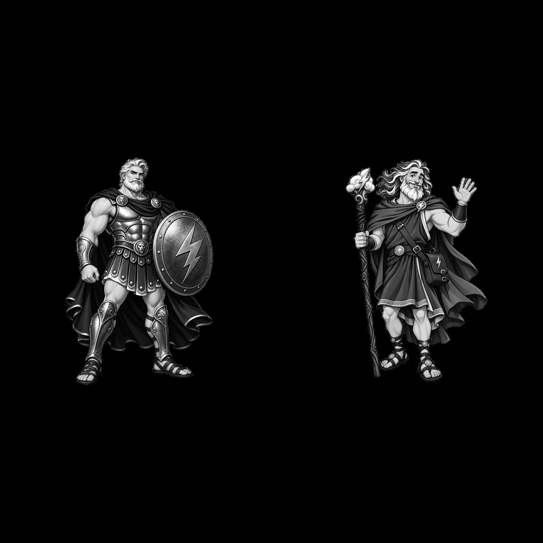 Zeus and Hercules in monochrome cartoon sticker illustration - AI-generated stock image