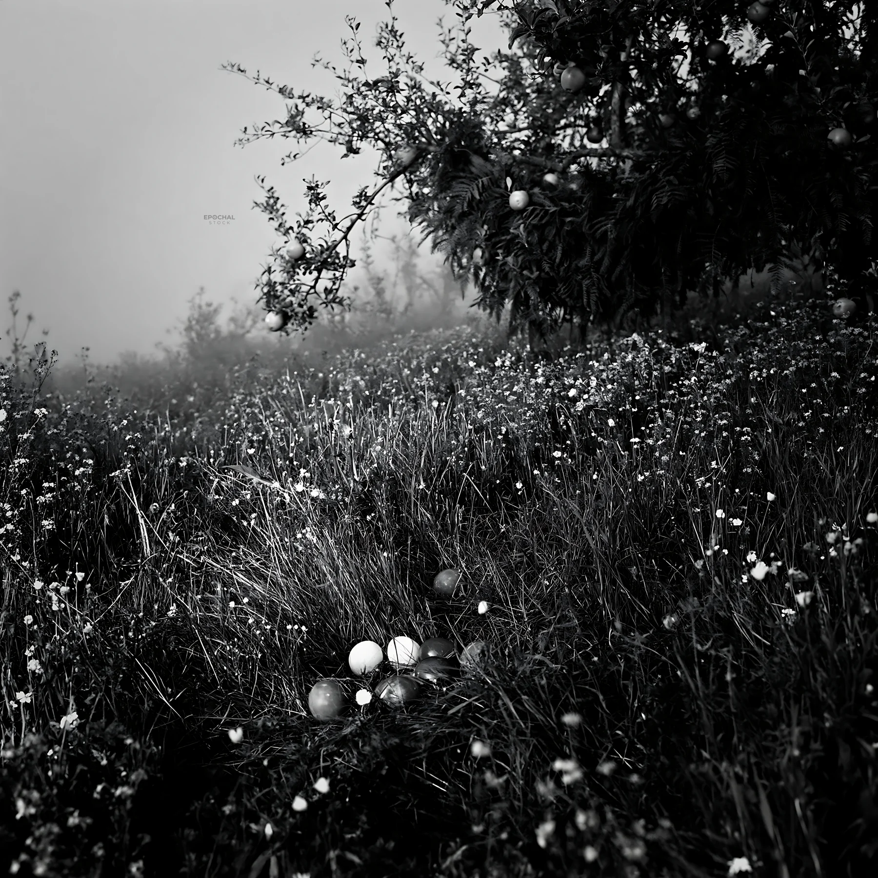 Christmas meadow with apple tree and bracken garlands - AI-generated stock image