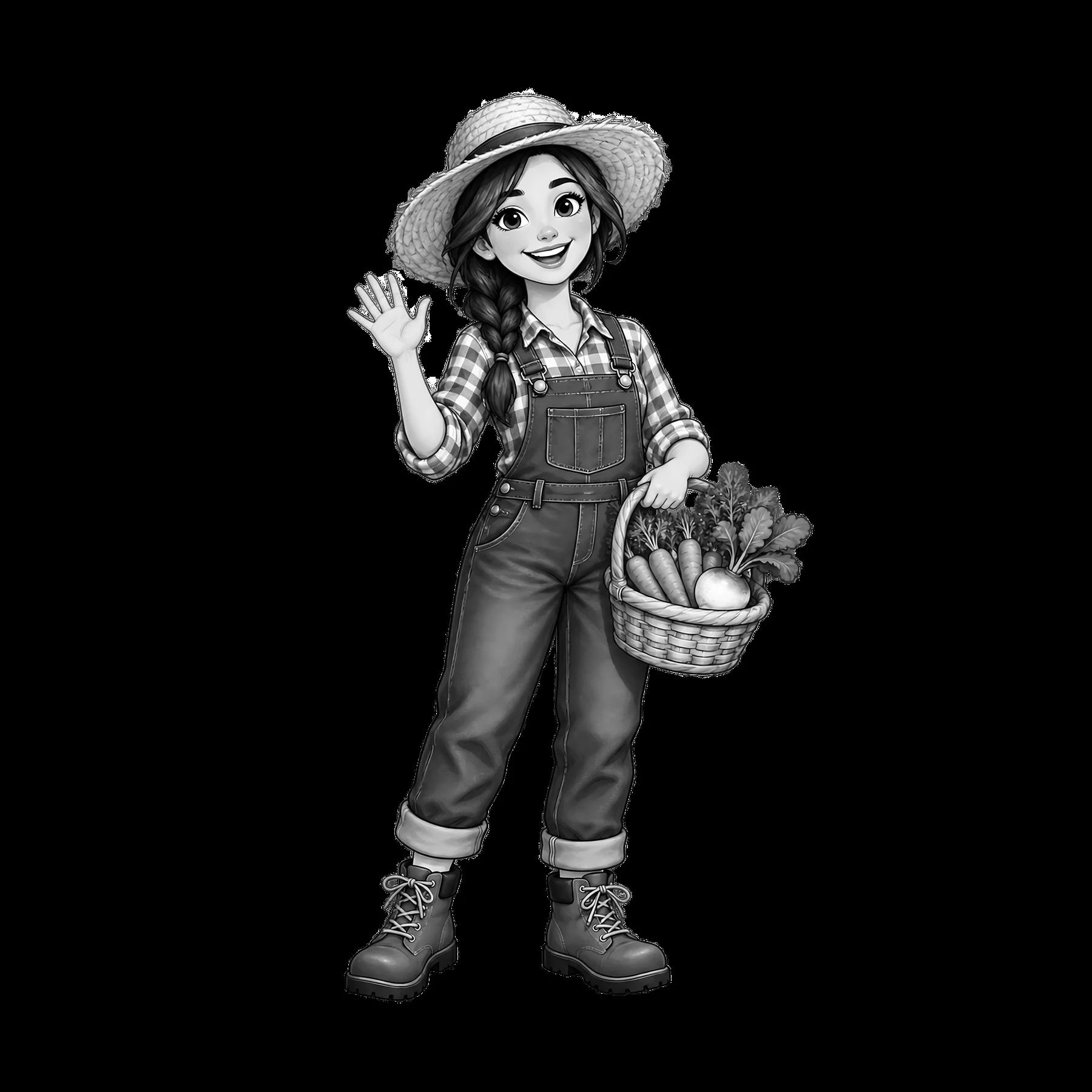 Girl farmer waving with basket of vegetables in field - AI-generated stock image