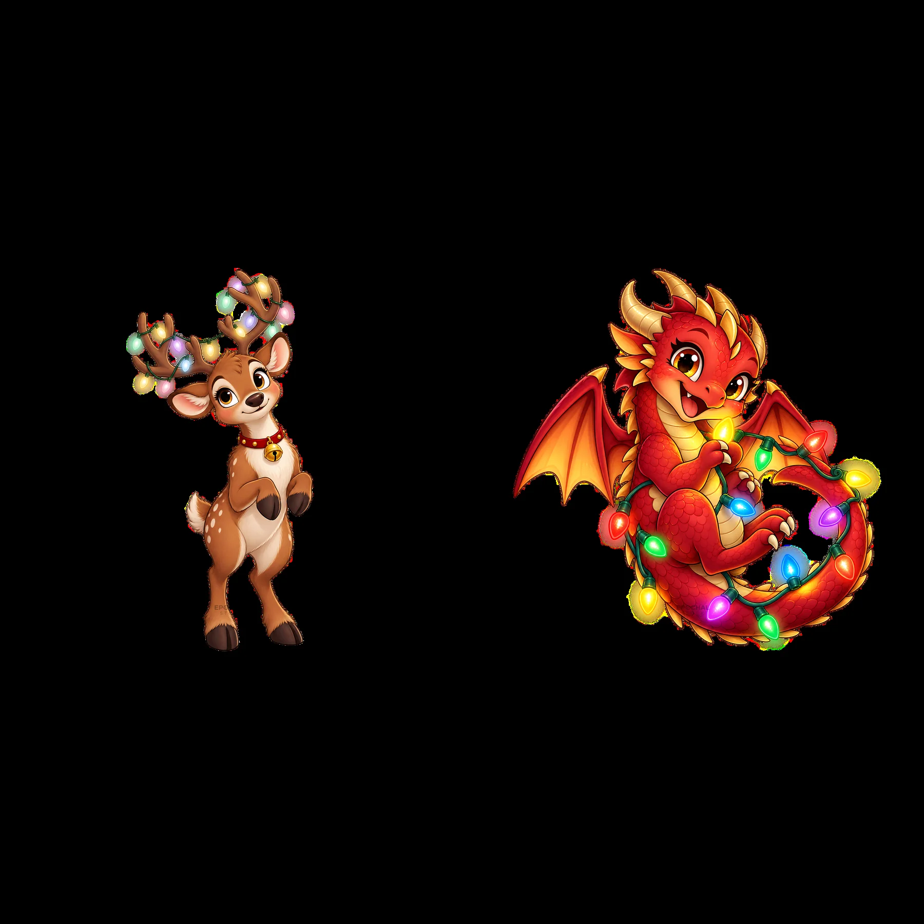 Reindeer and dragon characters with string lights for festive vibes - AI-generated stock image